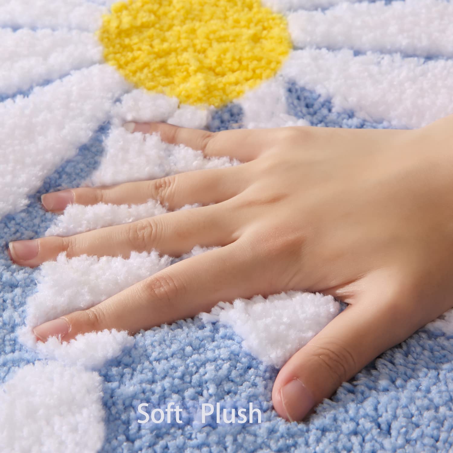 Qjhomo Toilet Rugs U Shaped, Blue Toilet Mat Cute Daisy Contour Bath Rug 20''X20'', Extra Thick Soft Machine Washable Toilet Car