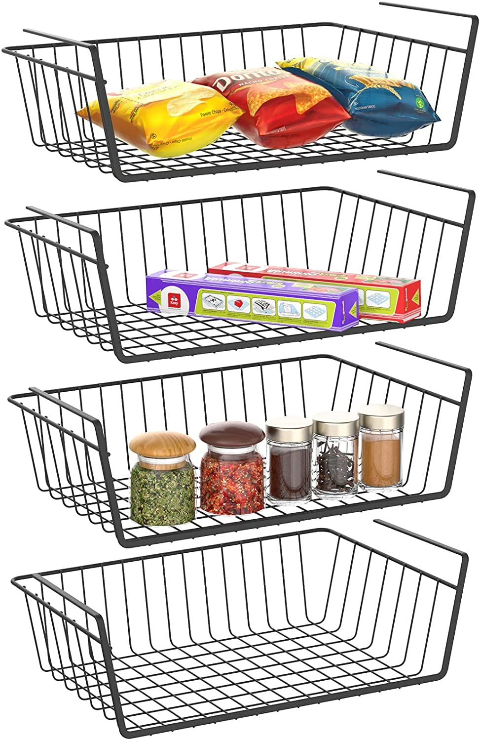 Shiok Decor Under Shelf Basket, 4 Pack Storage Shelf Wire Basket Organizer, Slides Under Shelves For Storage_(Black)