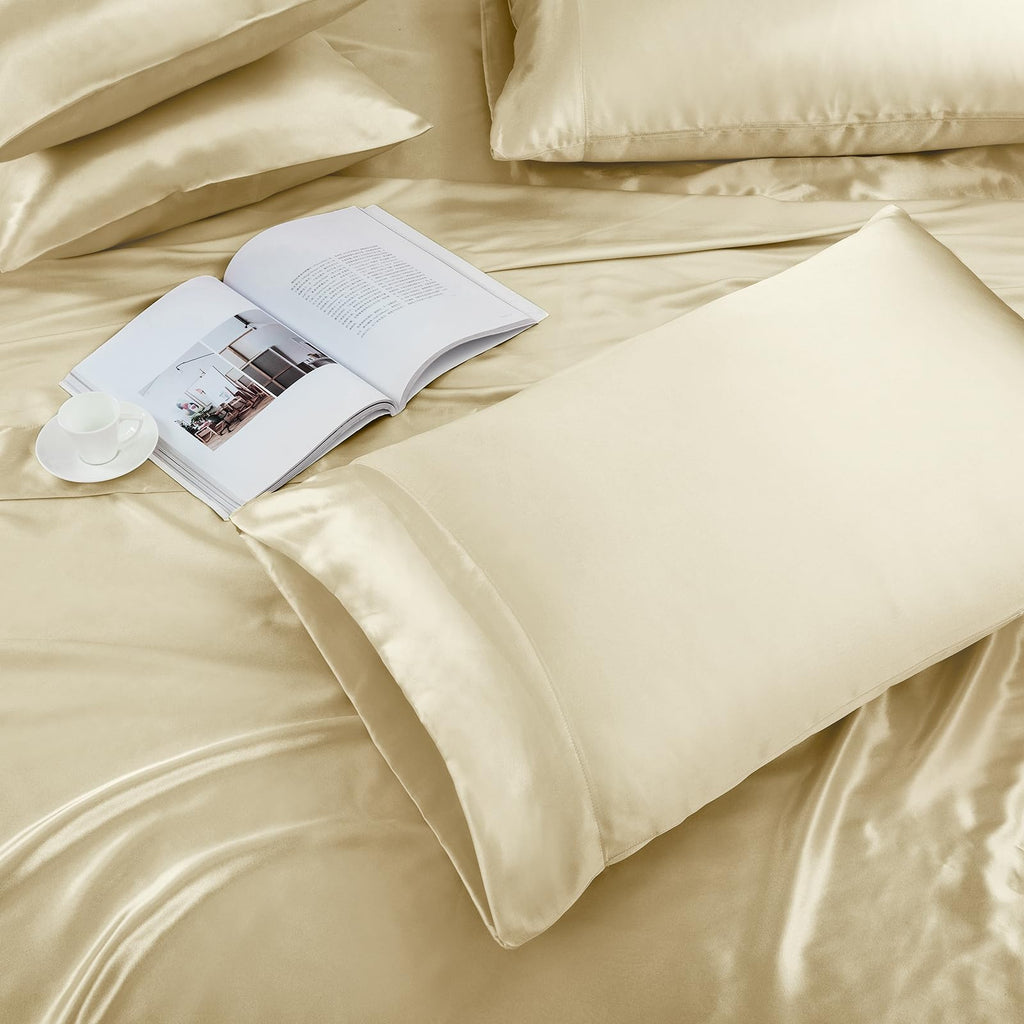 Treely 6 Piece Satin Sheets Full Size Silky Smooth Beige Satin Sheet Set With Deep Pocket, Satin Fitted Sheet, Flat Sheet, 4 Sat