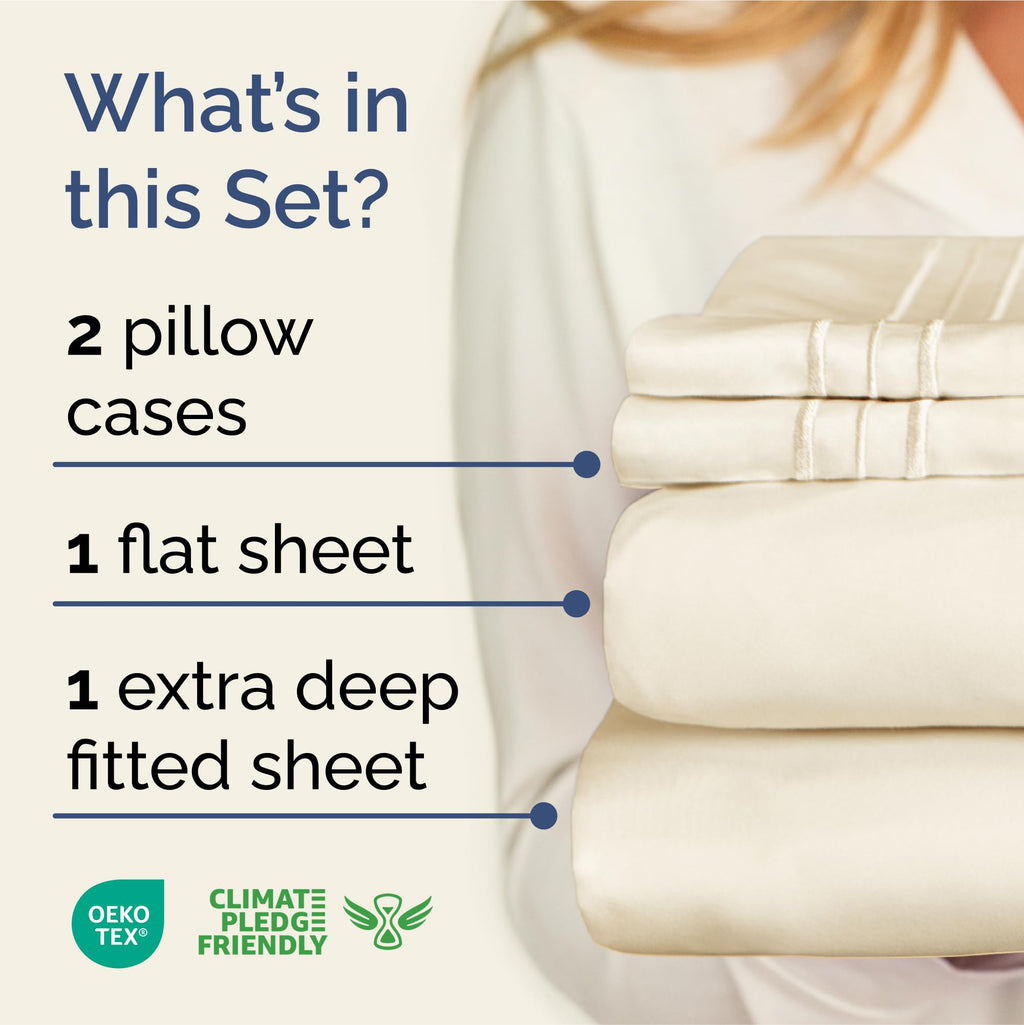Extra Deep Pocket Cal King Sheets - 4 Piece Breathable & Cooling Bed Sheets - Hotel Luxury Bed Sheet Set - Soft, Wrinkle Free & Comfy - Easily Fits Extra Deep Mattresses - Deep Pocket Off White Sheets