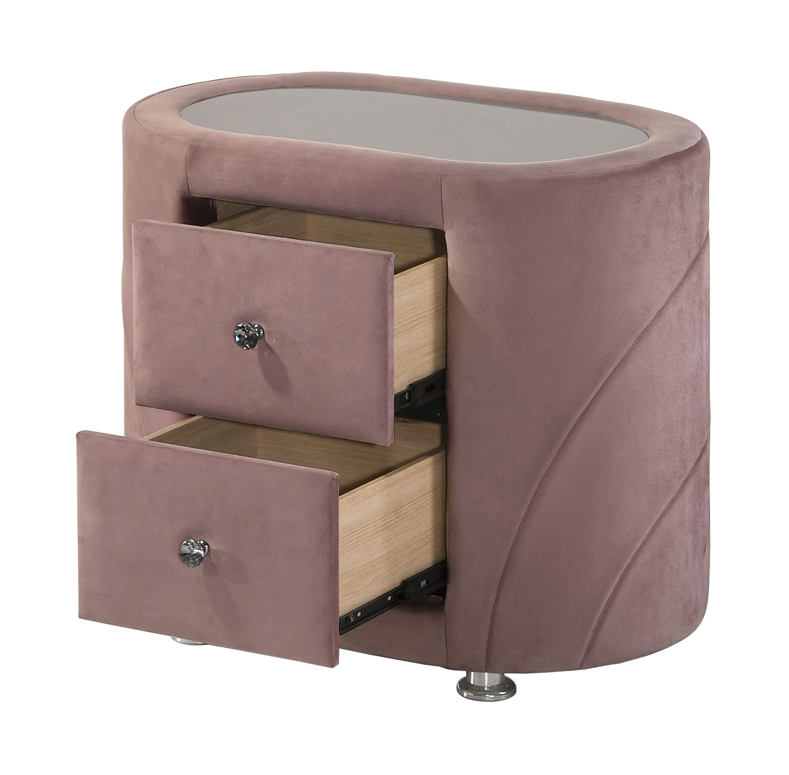 Acme Salonia 2 Drawers Velvet Upholstery Nightstand with Mirror Top in Pink