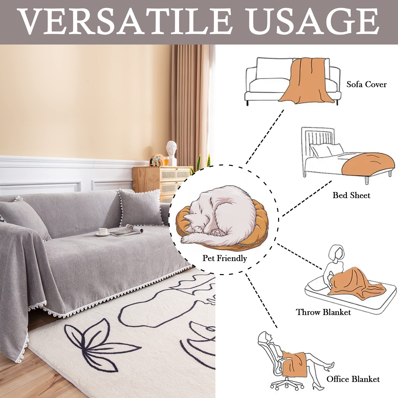 Handontime Couch Cover For Dogs Grey Sectional Couch Covers For 3 Cushion Couch Sofa Flower Lace Sofa Covers Machine Washable Easy Install Futon L Shaped Couch Cushion Covers For Cat Kids, 71' X134'
