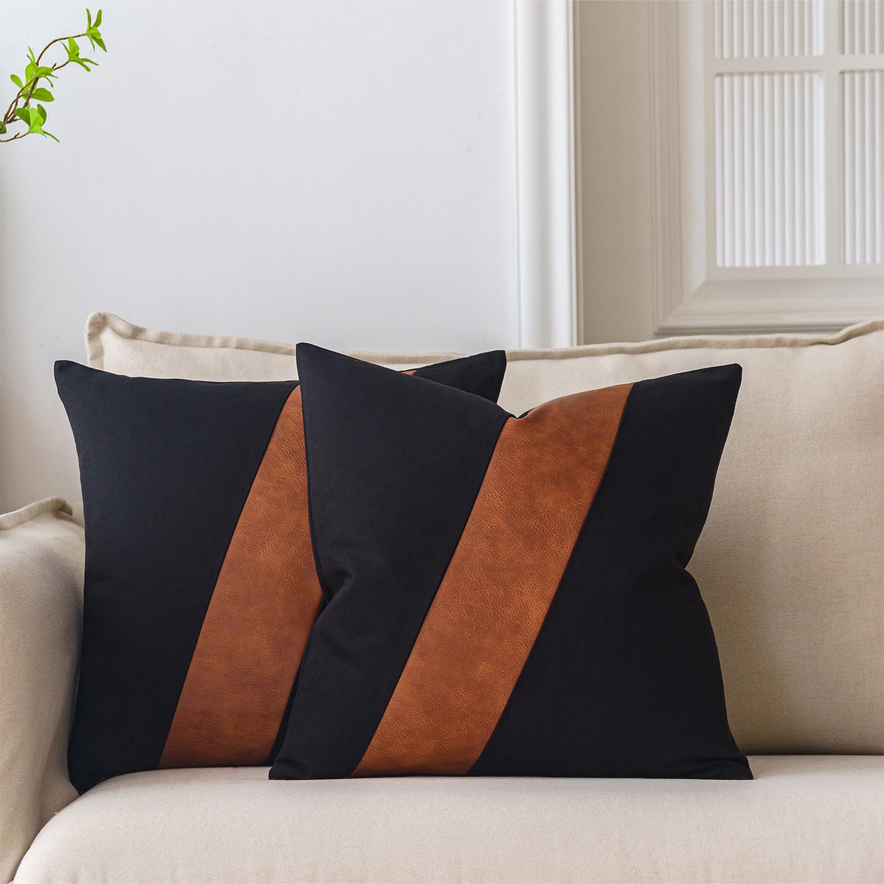 Gegelica Black And Brown Faux Leather Throw Pillow Covers 20X20 Inch Set Of 2 Boho Modern Farmhouse Cotton Decorative Pillows Fo