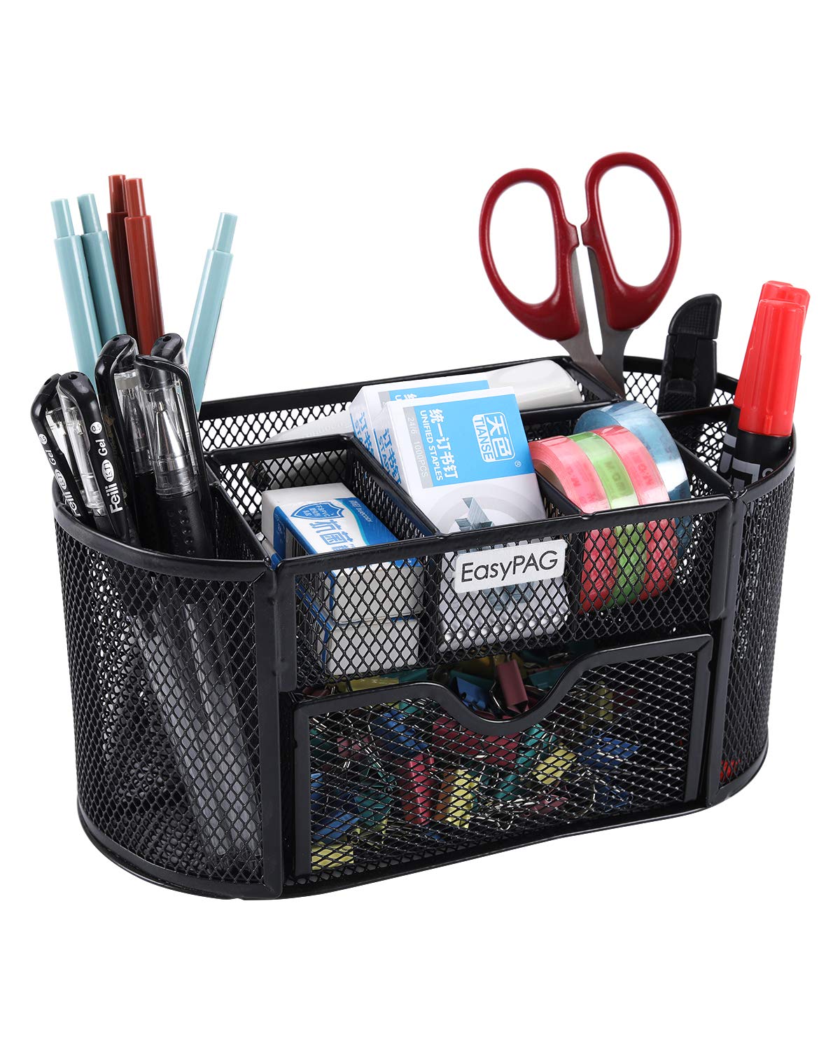 Easypag Desk Organizer Mesh Desktop Office Supplies Multi-Functional Caddy Pen Holder Stationery With 8 Compartments And 1 Drawe