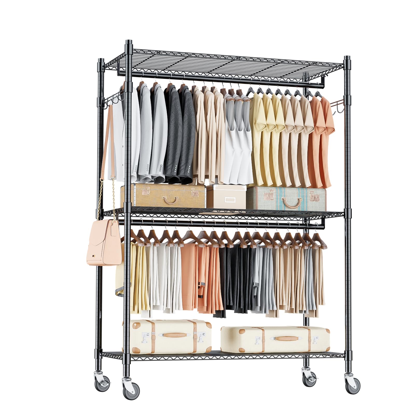 Homdox 3 Tier Heavy Duty Garment Rack with Wheels, Adjustable Wire Clothes Rack with Double Hanging Rods, Portable Closets for H