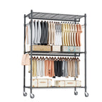 Homdox 3 Tier Heavy Duty Garment Rack with Wheels, Adjustable Wire Clothes Rack with Double Hanging Rods, Portable Closets for H