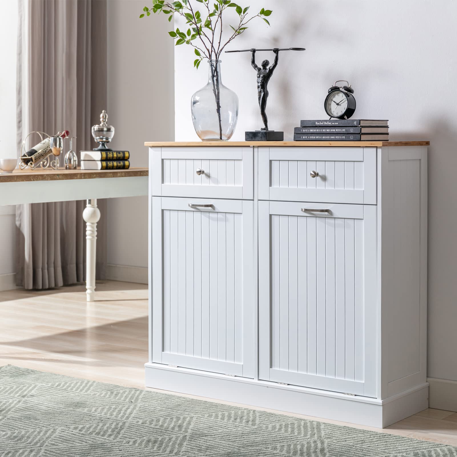 Gitua Trash Cabinet Tilt Out Freestanding, Pet Proof Kitchen Trash Cabinet Laundry Hamper with Cutting Board, Wood Garbage Recyc