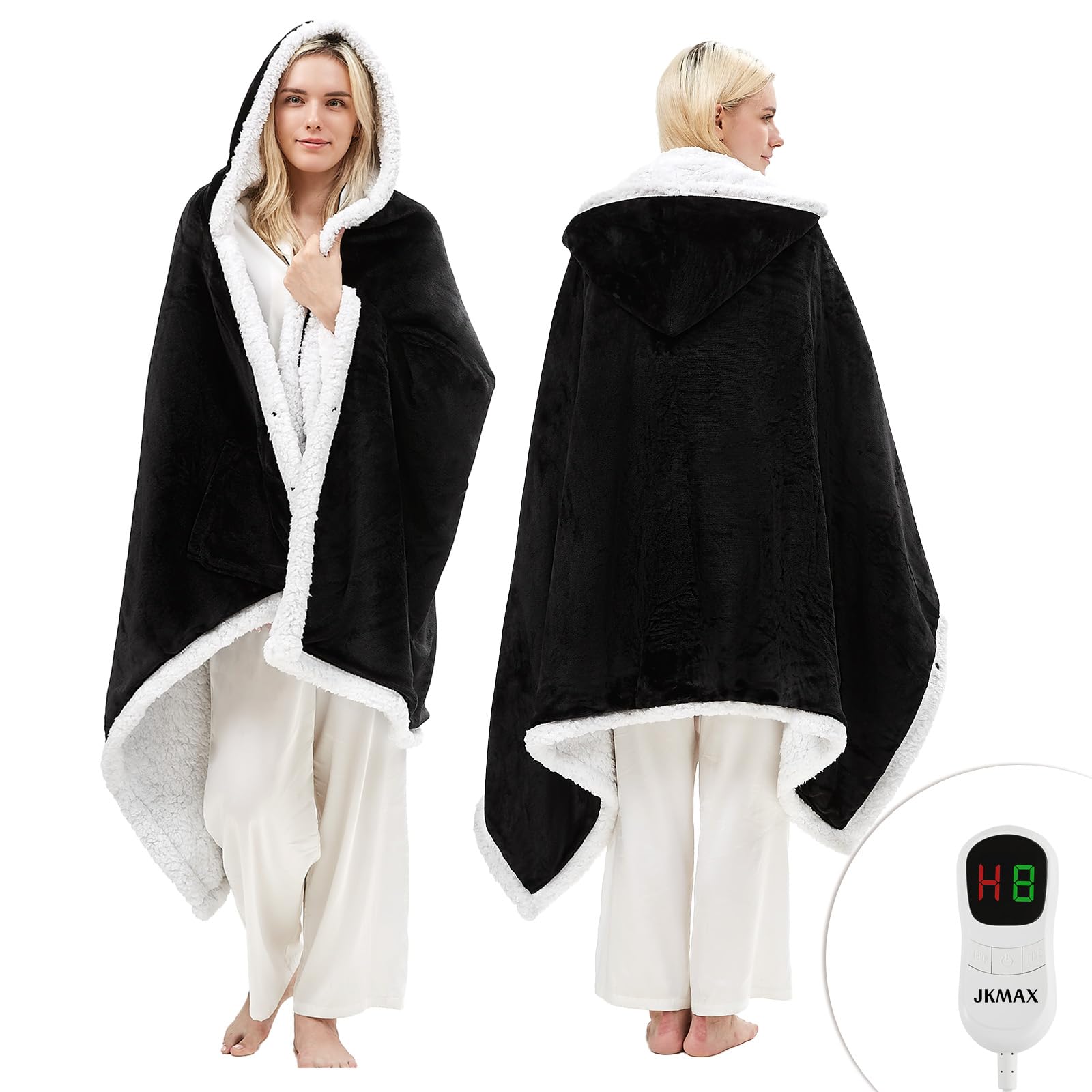 Jkmax Heated Electric Blanket Shawl - Wearable Heating Blanket Heated Throw Blanket - Heated Hoodie Poncho Wearable Sherpa Wrap