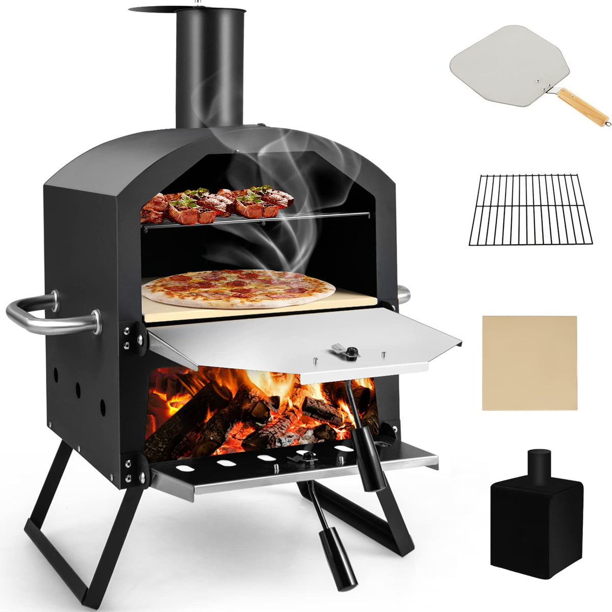 Giantex Outdoor Pizza Oven Wood Fired, 2-Layer Pizza Maker With Pizza Stone, Pizza Peel, Removable Cooking Rack, Waterproof Cove