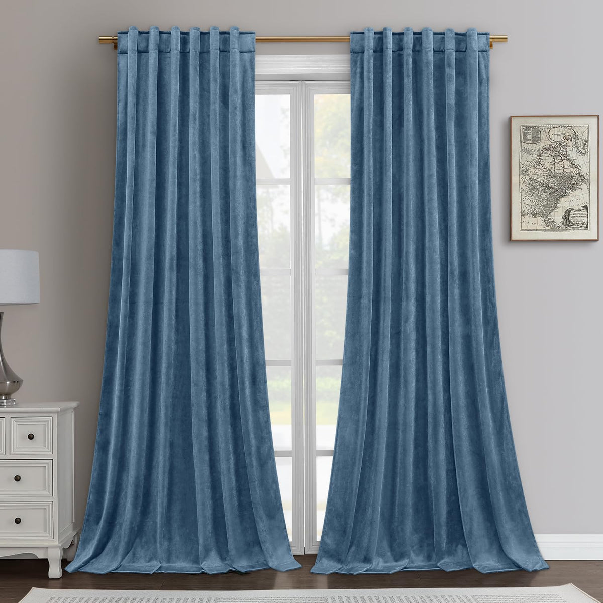 Homeideas Stone Blue Velvet Curtains 52 X 84 Inches, 2 Panels Light Blue Room Darkening Curtains/Drapes, Thermal Insulated Pocke