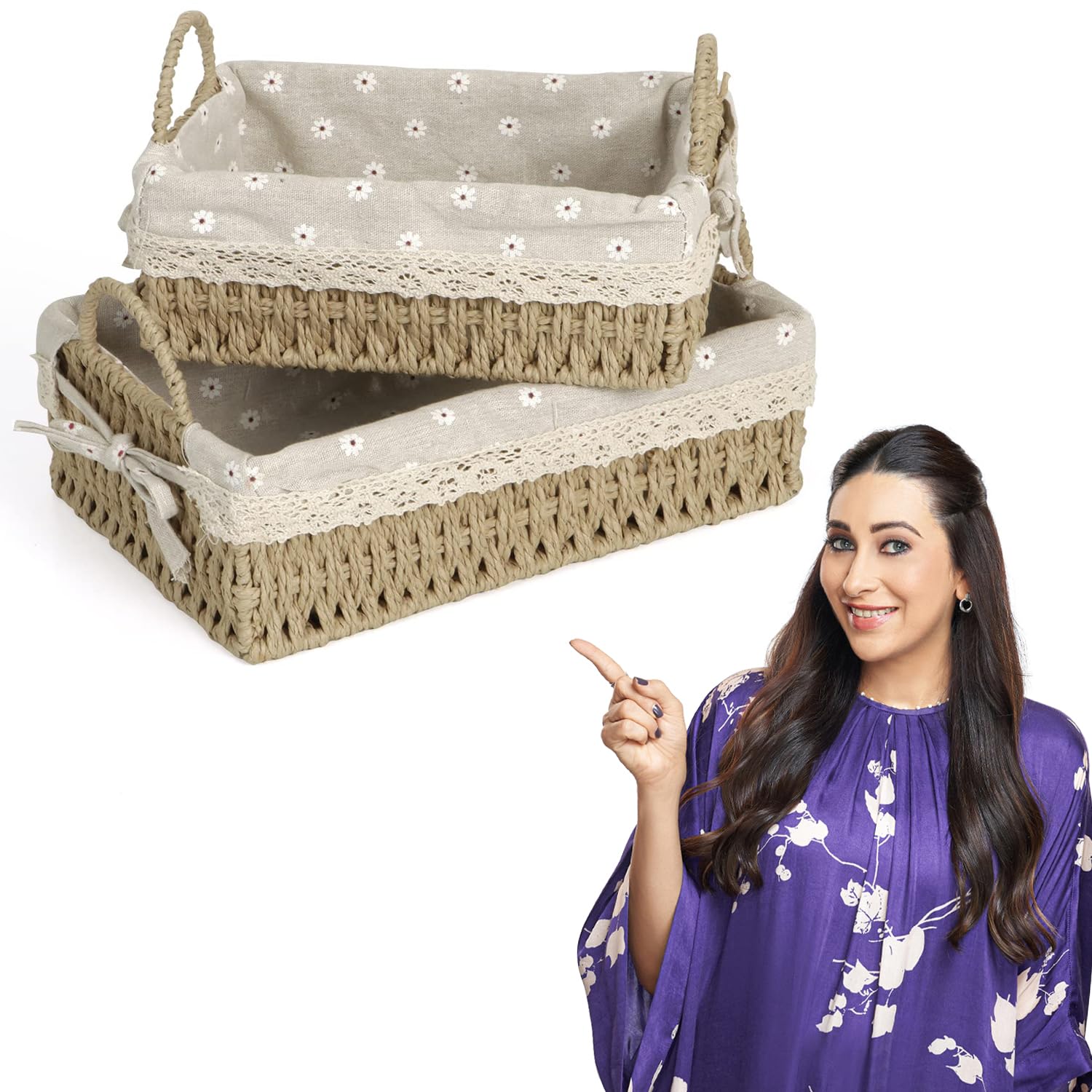 Hokipo Environmental Friendly Paper Rope Wicker Storage Baskets With Handle, Pack Of 2, Beige (Ar3907Bge)