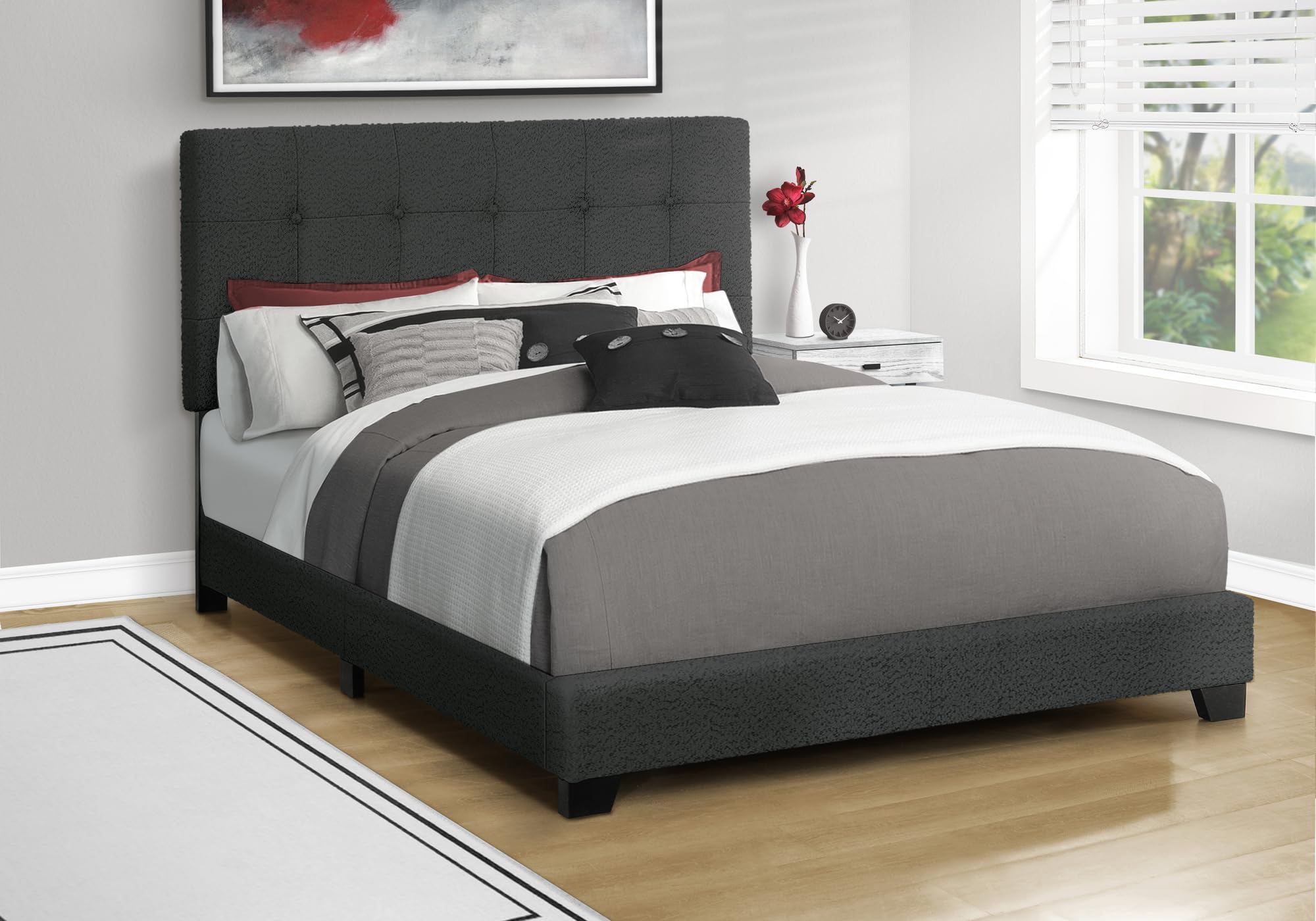 Monarch Specialties I 5805Q Bed, Bedroom, Frame Only, Queen Size, Upholstered, Black Boucle, Transitional