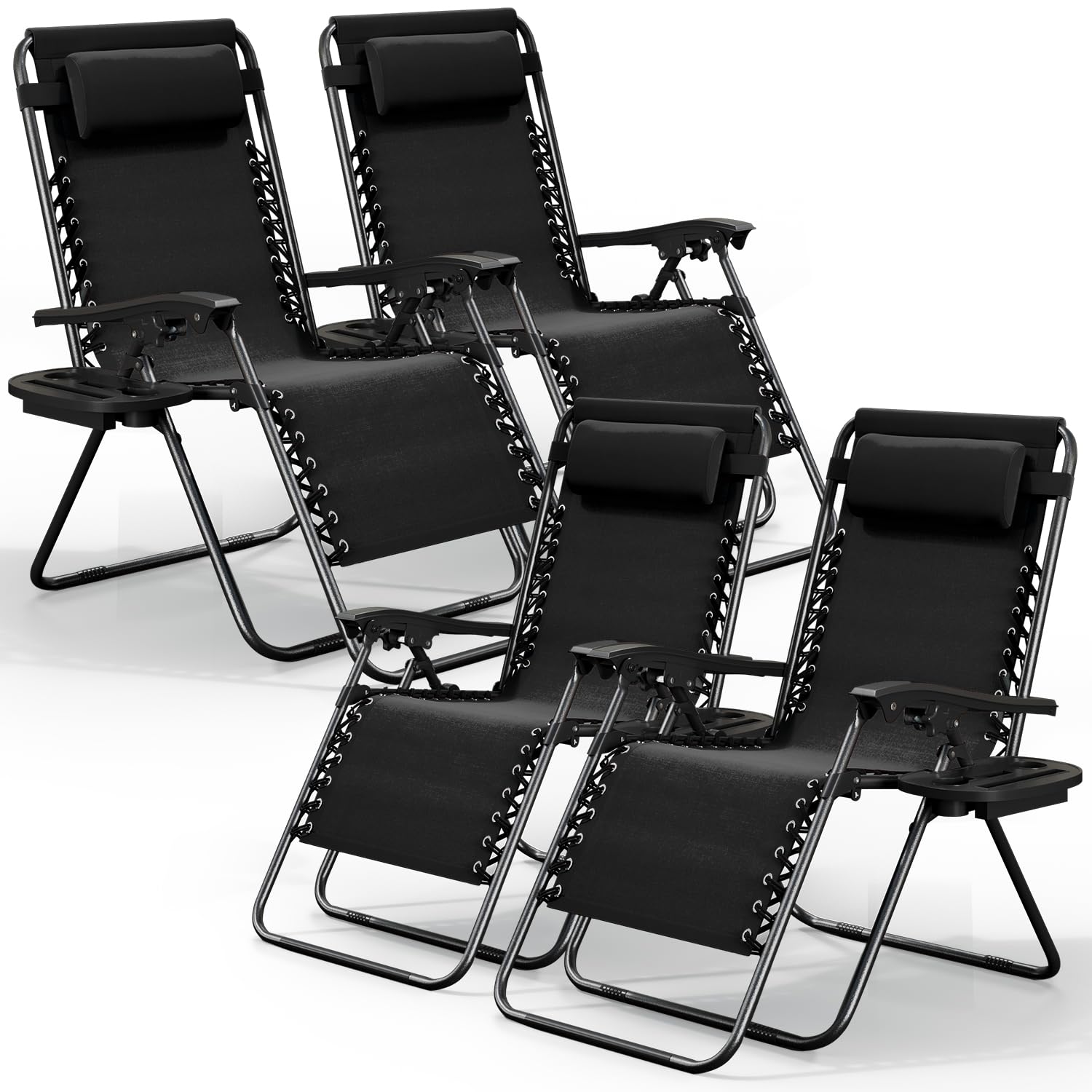 Nestl Zero Gravity Chairs Set of 4, Patio Lounge Chair Outdoor with Pillows & Cup Holder Trays, Adjustable Steel Mesh Reclining 