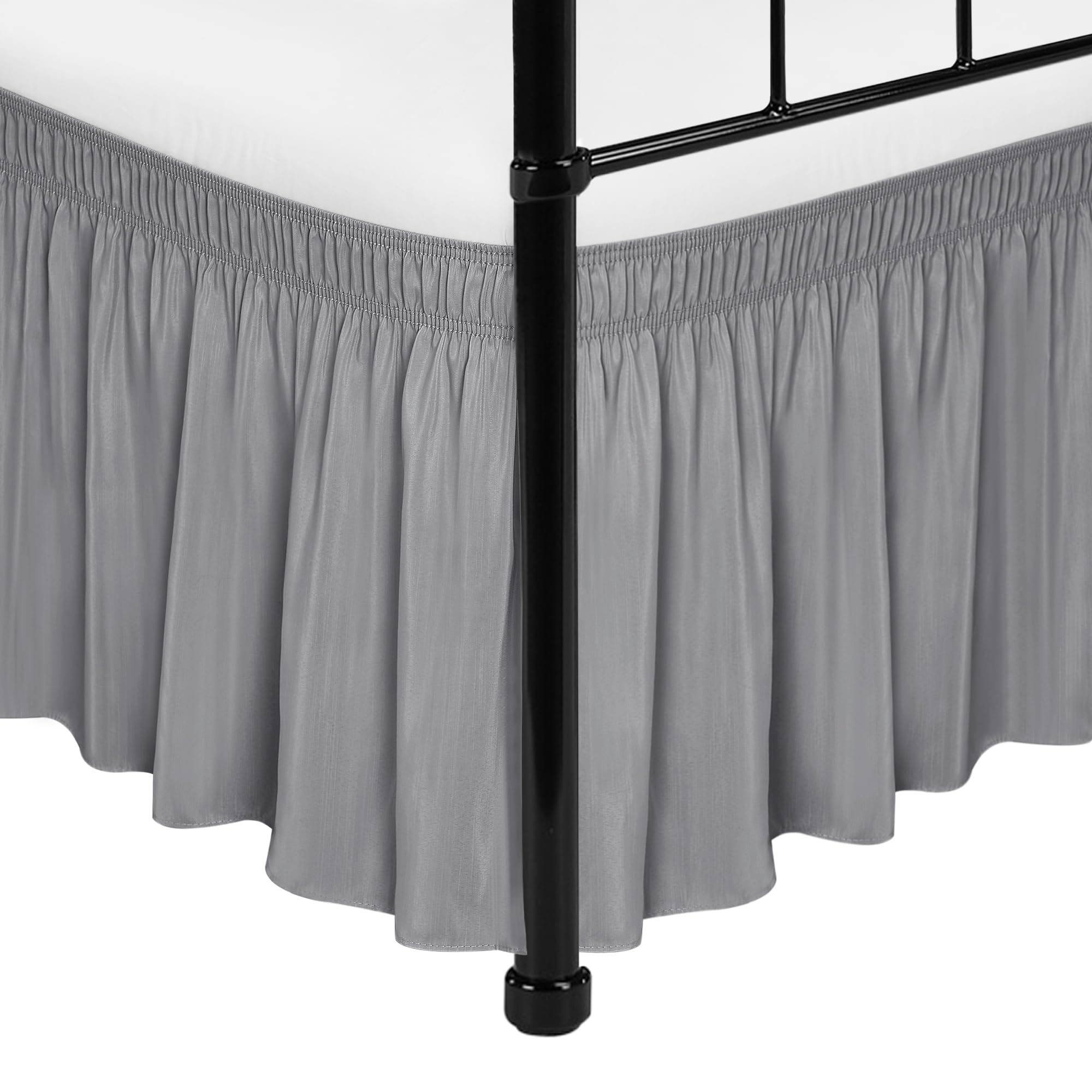 Biscaynebay Wrap Around Bed Skirts With Split Corners For King Beds 17' Drop, Silver Grey Elastic Dust Ruffles Adjustable Easy