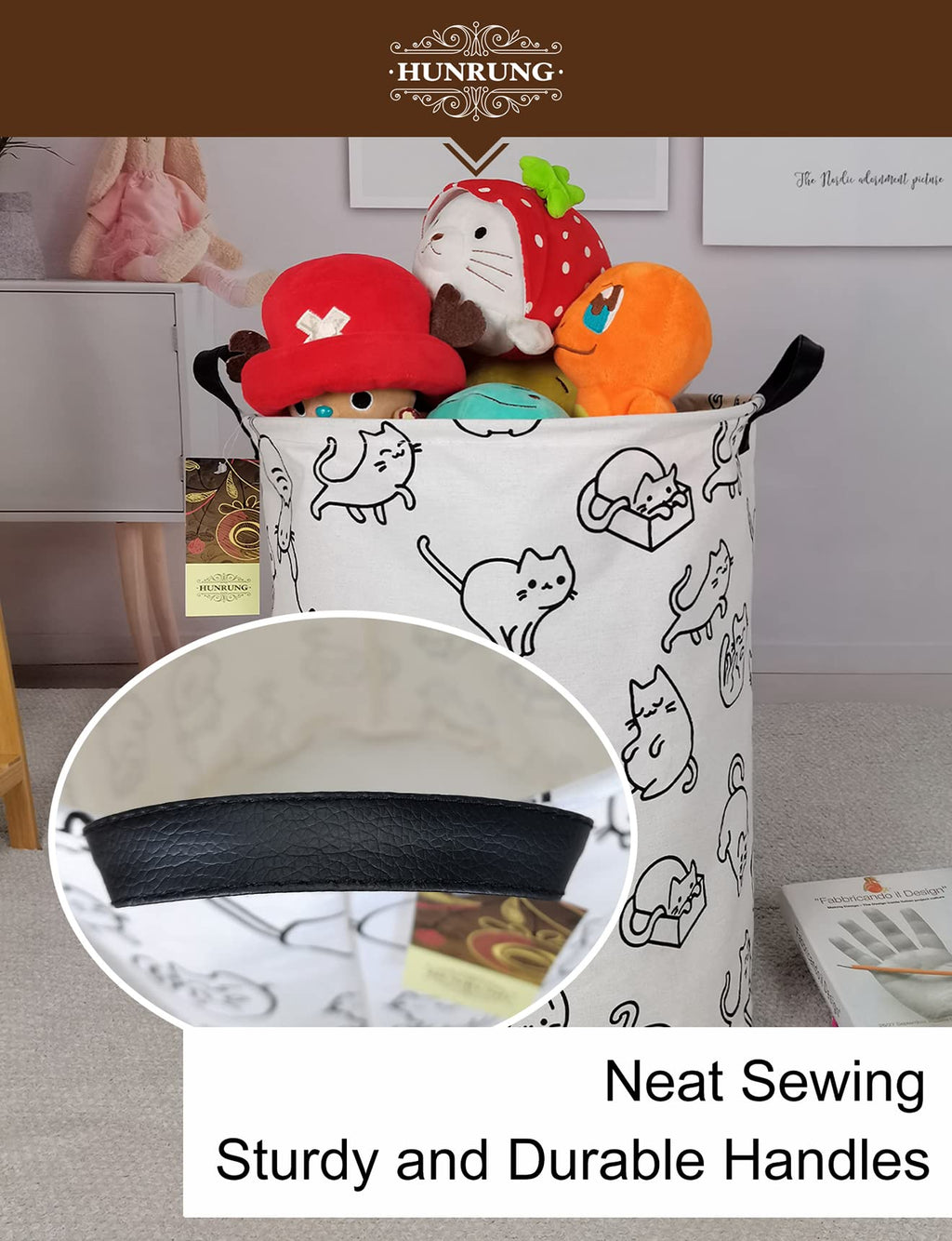 Hunrung Laundry Hamper,Large Canvas Fabric Lightweight Storage Basket Toy Organizer Dirty Clothes Collapsible Waterproof For College Dorms, Children Bedroom,Bathroom(Round Cat)