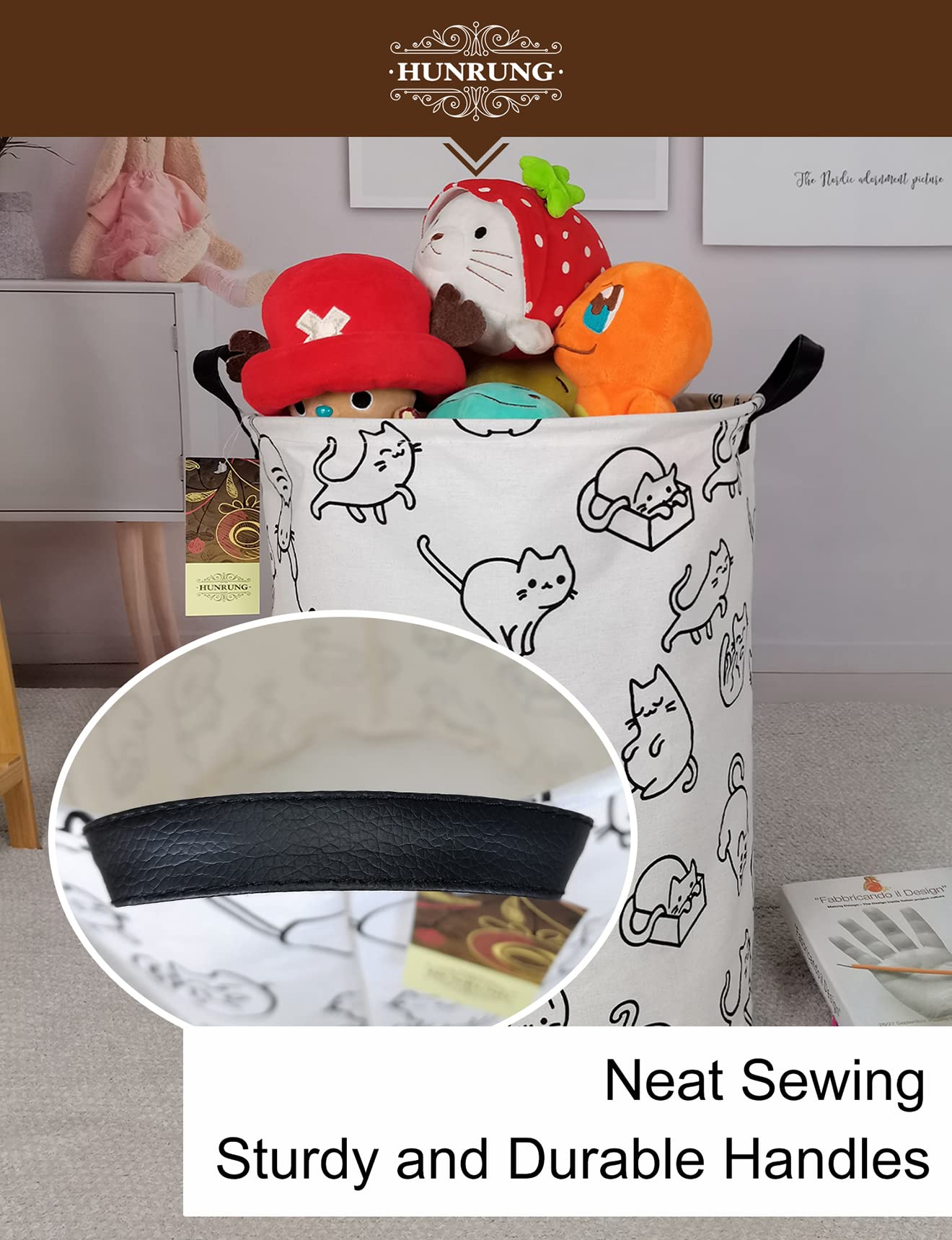 Hunrung Laundry Hamper,Large Canvas Fabric Lightweight Storage Basket Toy Organizer Dirty Clothes Collapsible Waterproof For College Dorms, Children Bedroom,Bathroom(Round Cat)