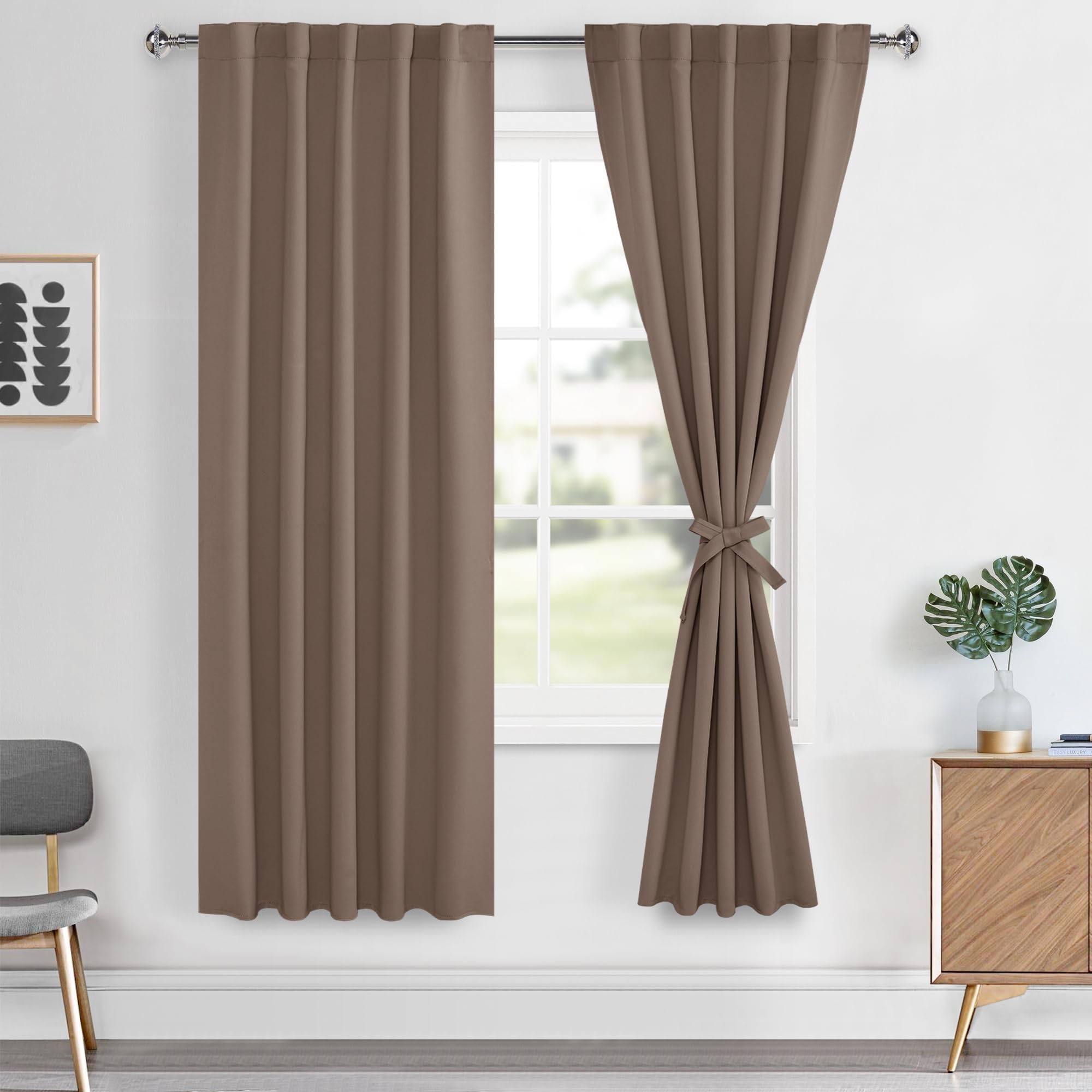 Hiasan Mocha Curtains 63 inch Long Sewn with Tiebacks, Rod Pocket & Back Tab Blackout Thermal Insulated Drapes, Room Darkening C