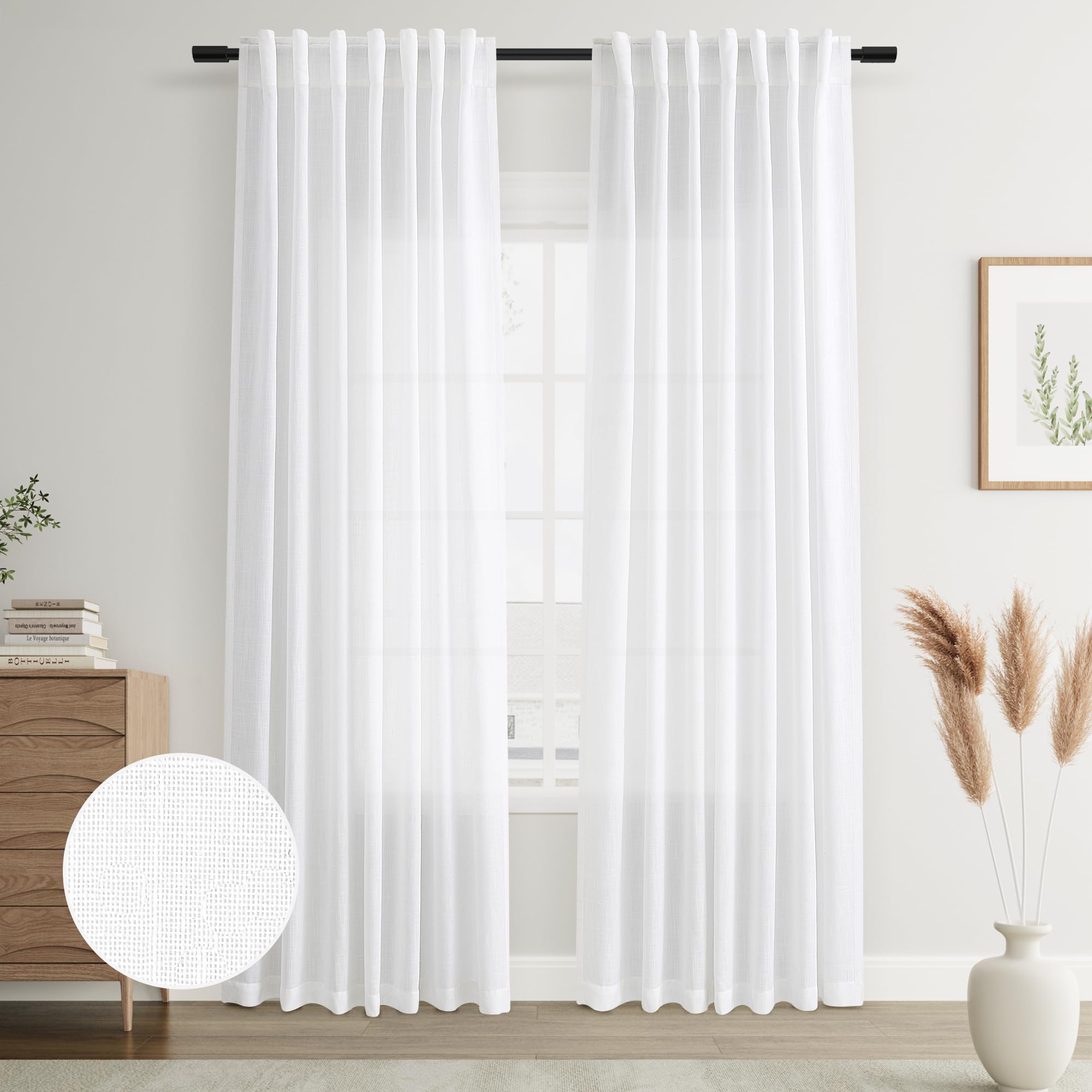 Joywell White Back Tab Rod Pocket Linen Curtains 90 Inches Long 2 Panels For Living Room Bedroom Neutral Boho Farmhouse Rustic Light Filtering Semi Sheer Curtains Window Treatment 52X90