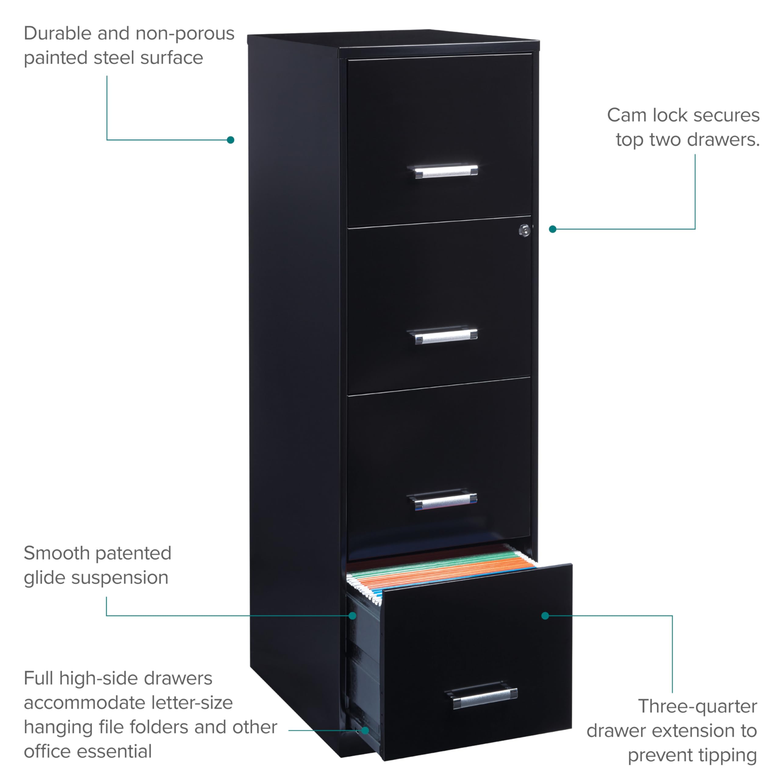 Space Solutions Hirsh 18' Deep 4 High-Side Drawers Modern Metal Vertical File Cabinet For Small Office Or Home Office, With Cam Lock, Letter-Size Hanging Folders In Black