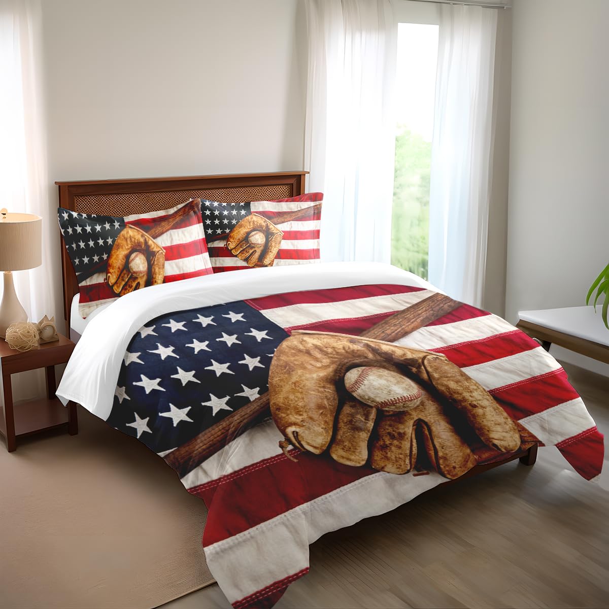 Shompe 3D American Flag Baseball Comforter Sets Full Size Boys Sports Bedding