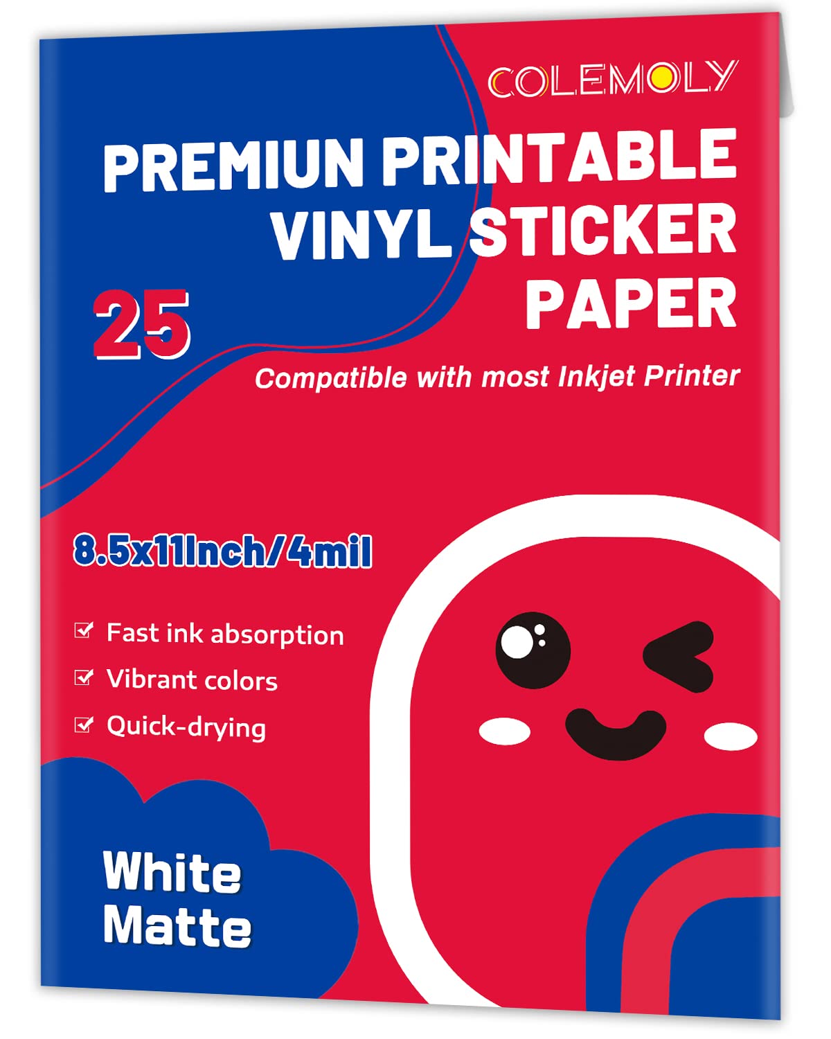 Colemoly Sticker Paper Printable Vinyl For Inkjet Printer 25 Sheets Matte White Waterproof Decals Adhesive Quick Drying Tear Res