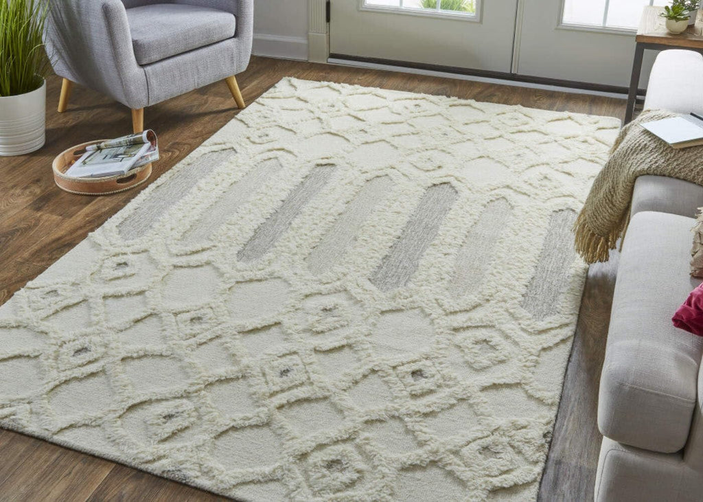 HomeRoots 512811 8 x 10 ft. Ivory Taupe & Tan Wool Geometric Hand Tufted Handmade Stain Resistant Rectangle Area Rug