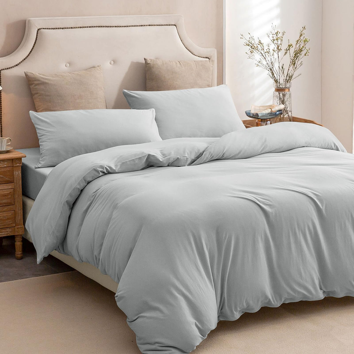 Pure Era Jersey Knit Duvet Cover Set 100% T-Shirt Cotton Super Soft Comfy 3Pc Bedding Set With Zipper Closure (Solid Light Grey,