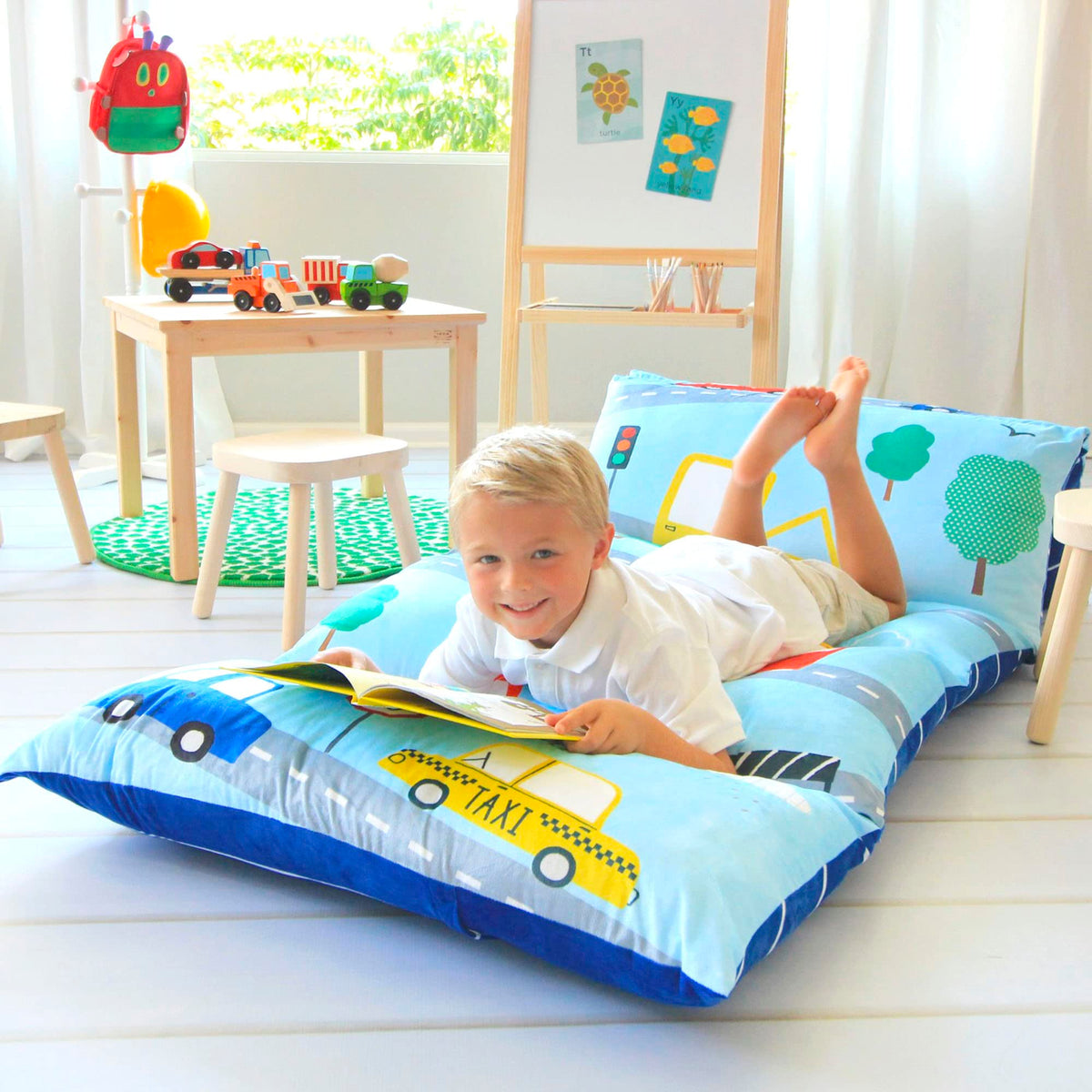 Butterfly Craze Floor Pillow Case, Mattress Bed Lounger Cover, Cars Blue, Queen Size - Cozy Seating Solution for Kids & Adults, 