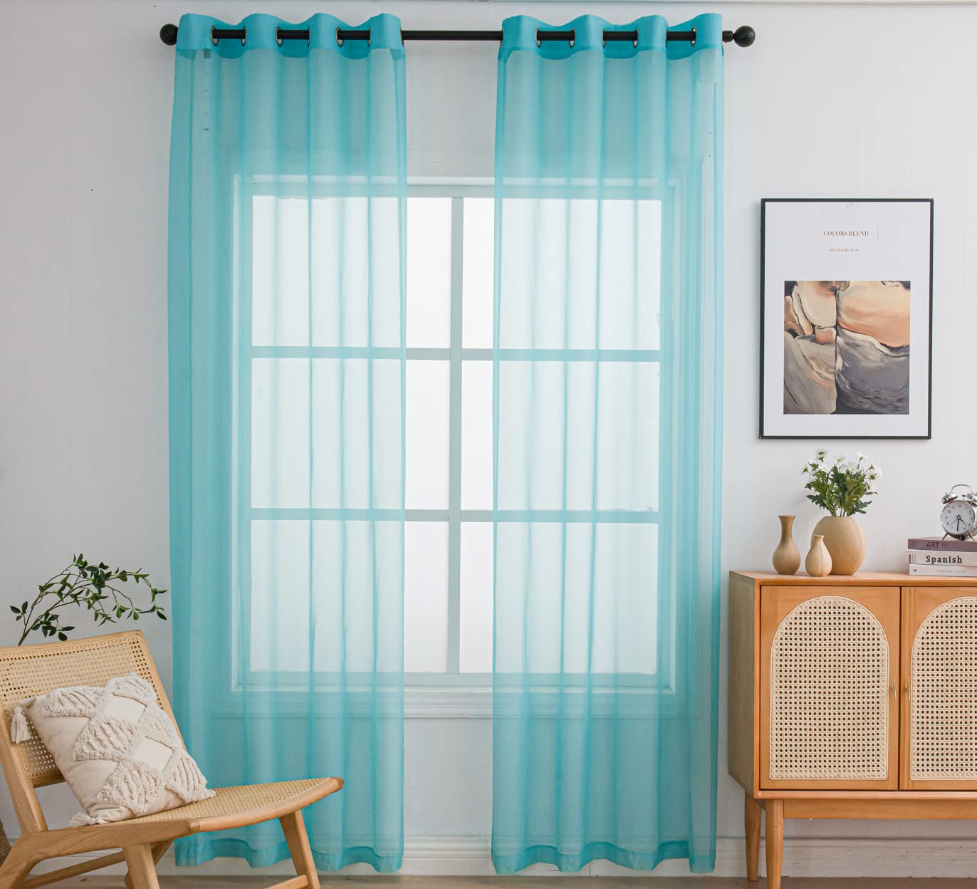Pi Teal Sheer Curtains With Rings Top,Lightweight Voile Textured,Casua ...
