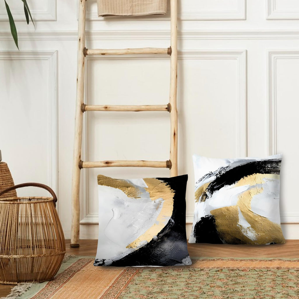 Supwhd Abstract Black White And Gold Pillow Covers 16X16 Set Of 2 - Modern Pillow Covers, Modern Home Decor, Black And Gold Deco
