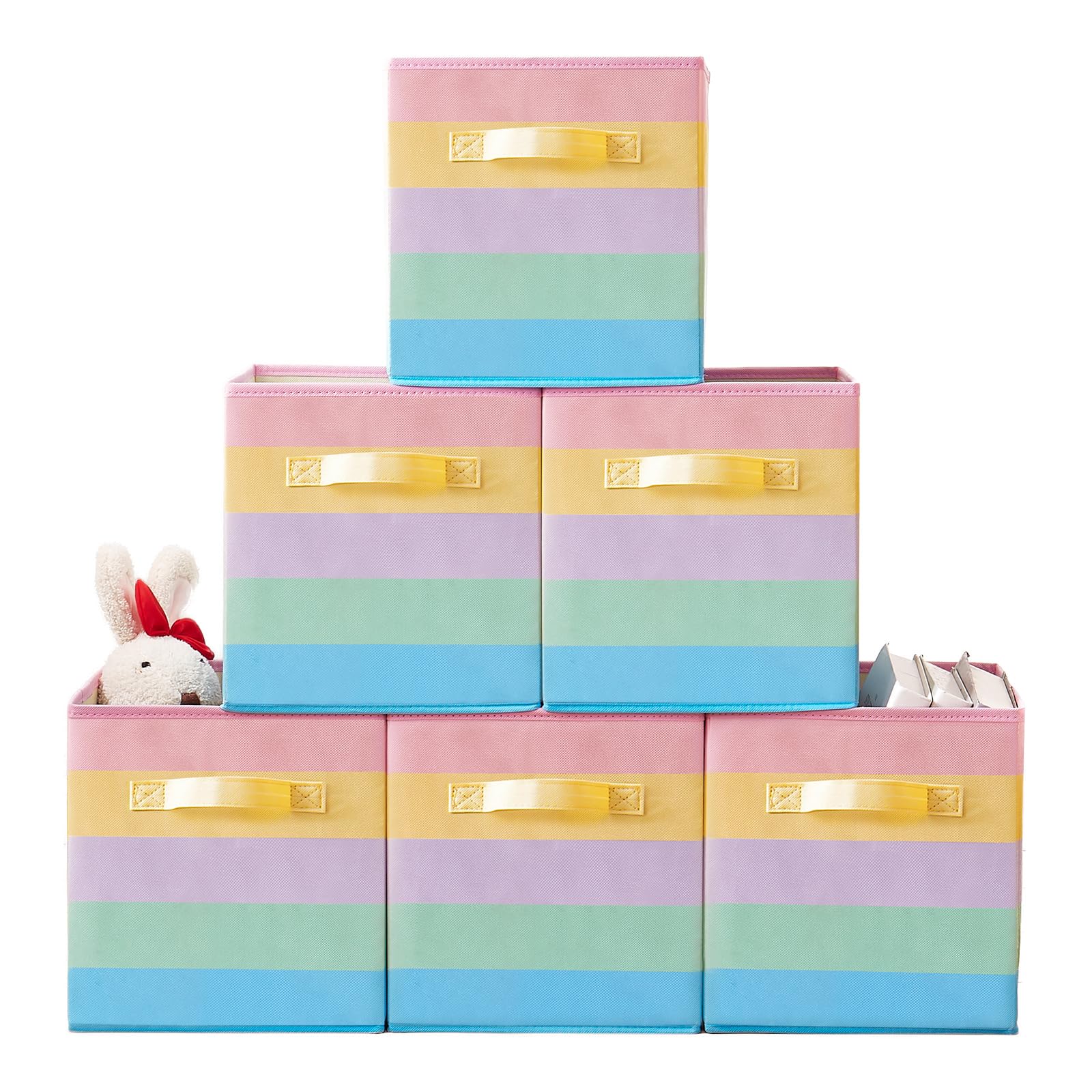 Lanrinwon 11 Inch Fabric Collapsible Storage Cubes,6 Pack Rainbow Colored Closet Storage Bins with 2 Handles Foldable Cube Baske