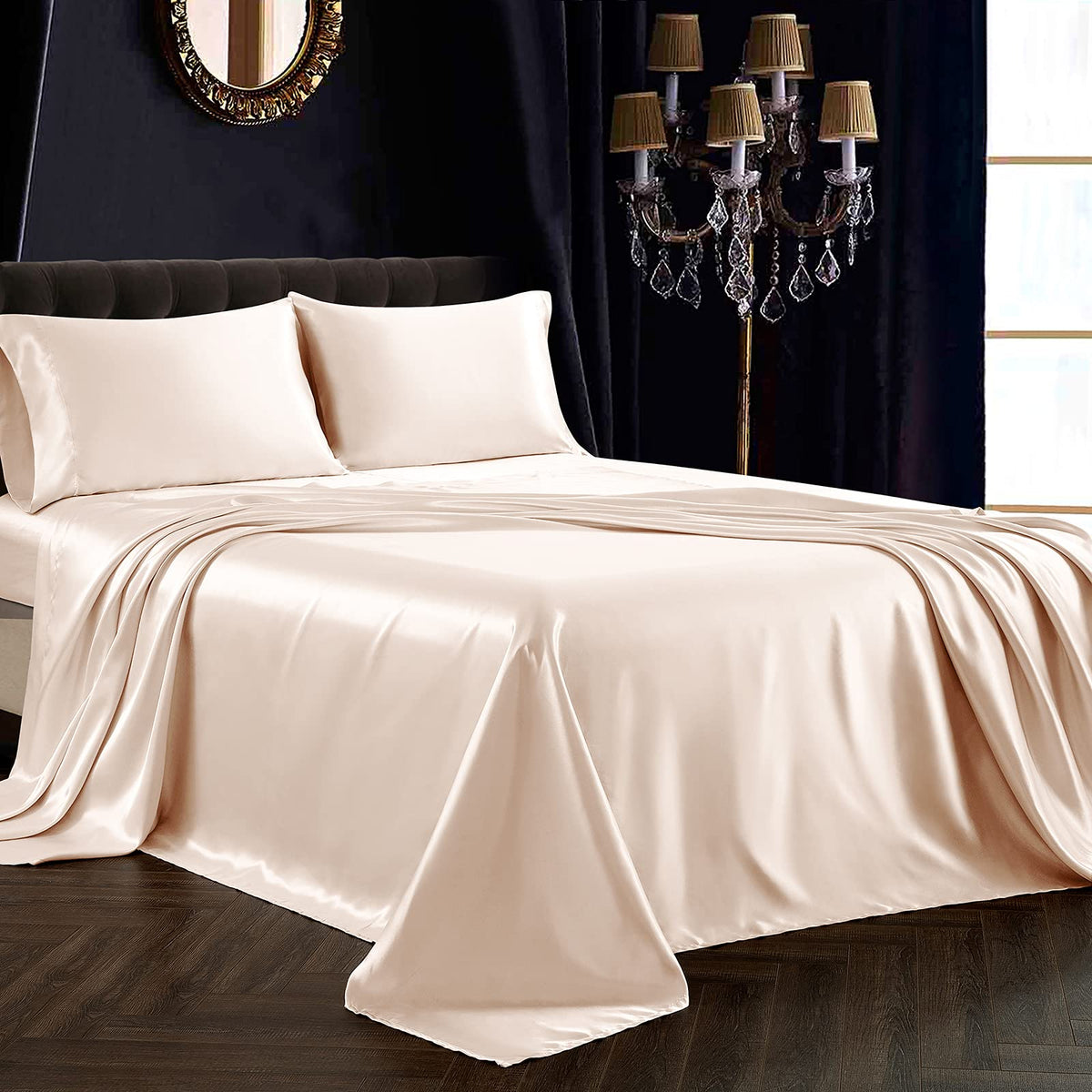Siinvdabzx 4Pcs Satin Sheet Set King Size Ultra Silky Soft Blush Satin King Bed Sheets With Deep Pocket, 1 Fitted Sheet, 1 Flat