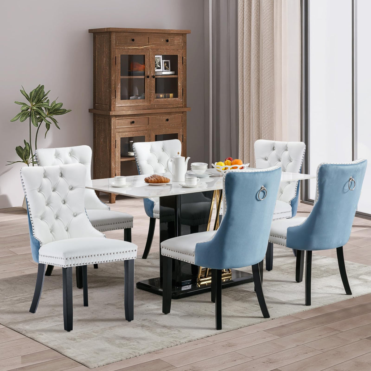 Soarflash Leather Dining Chairs Set Of 6, Tall Back Side Chair, Modern Upholstered Side Chair With Button Back Ring, Solid Wood
