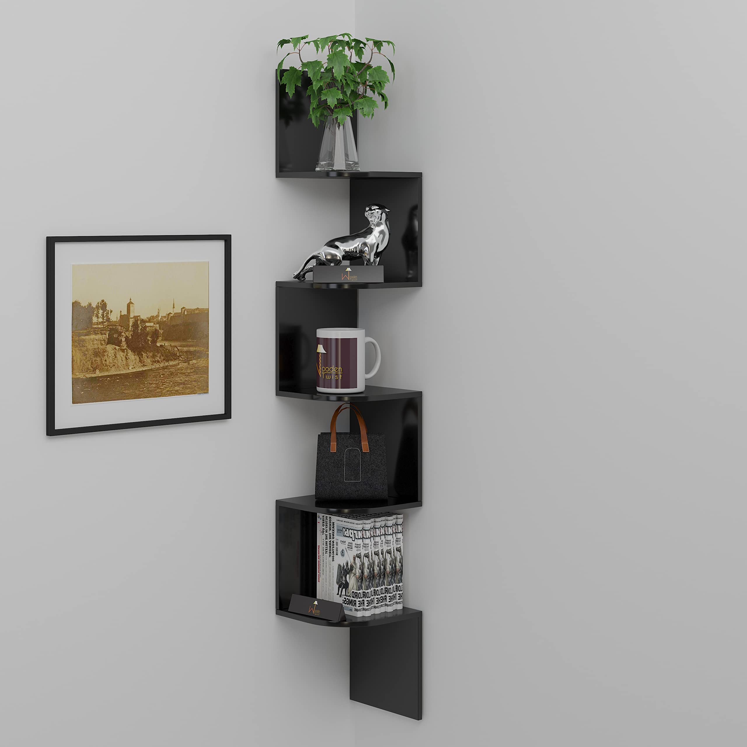 Onlineshoppee Set of 5 Floating Corner Wall Shelves (Black)