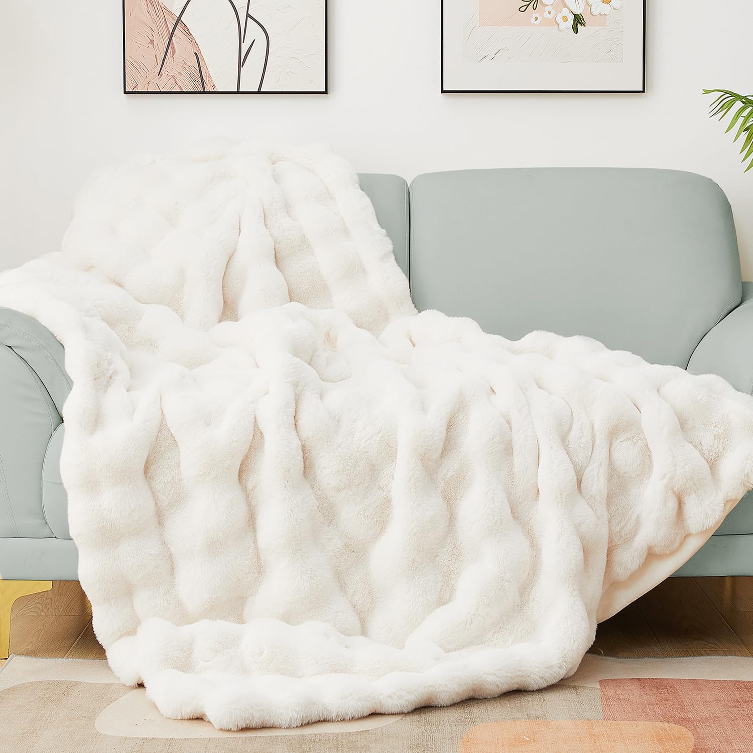 Latepis Cozy Faux Fur Blanket Beige Twin Bubble Blankets For Bed Thick Fuzzy Blanket For Couch Sofa Bedroom Warm Plush Blanket F