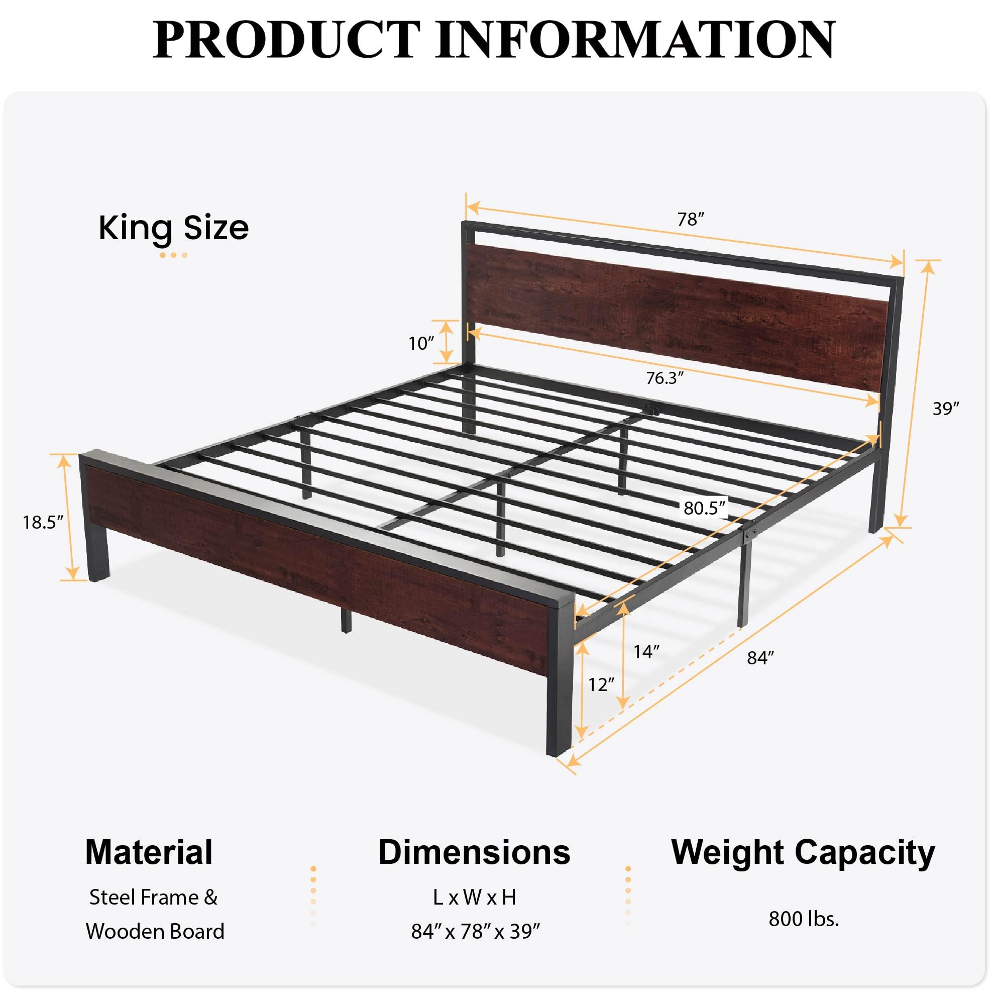 Sha Cerlin 14 Inch King Size Metal Platform Bed Frame With Wooden Headboard And Footboard, Mattress Foundation, No Box Spring Needed, Large Under Bed Storage, Mahogany