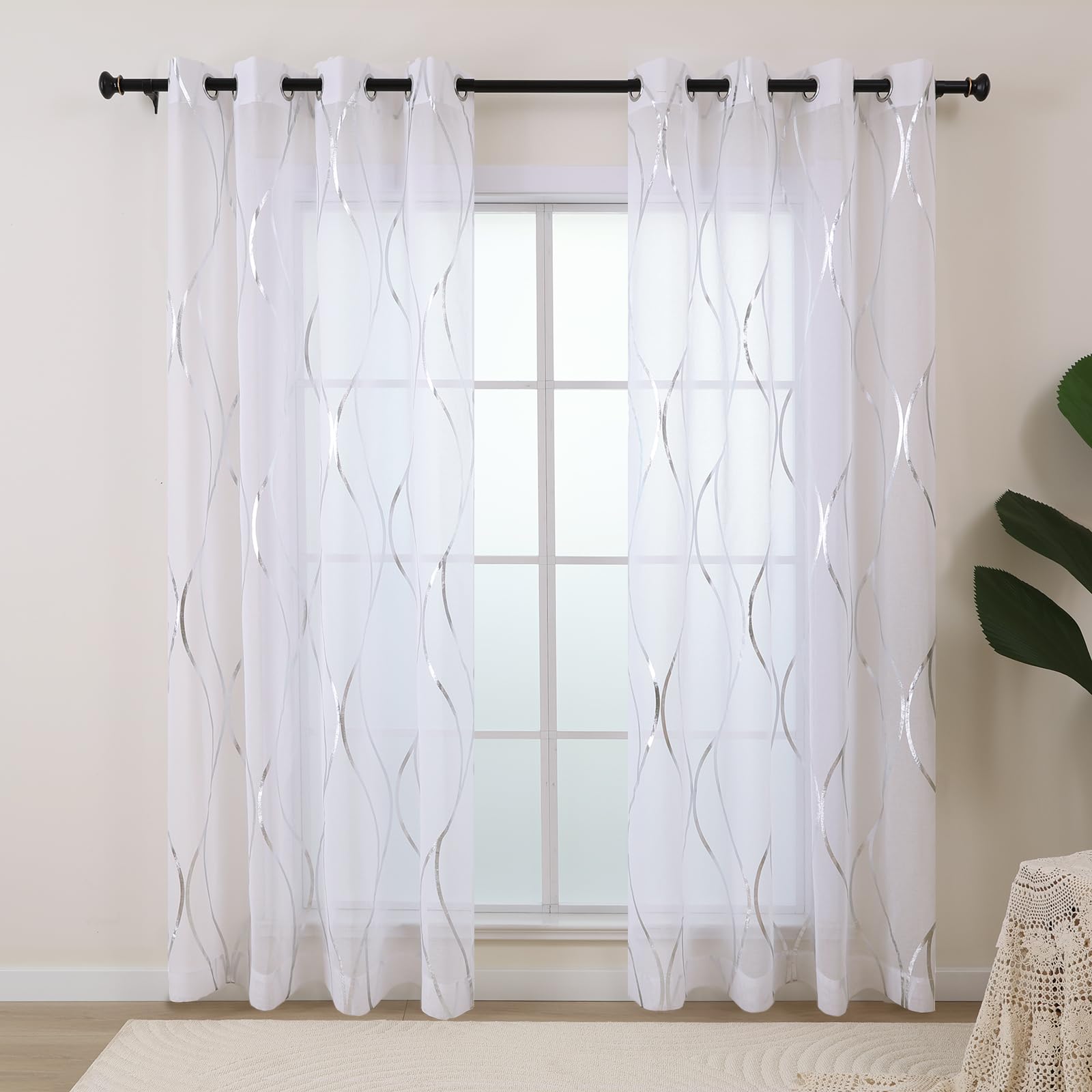 L.Z.E Silver White Sheer Curtains 63 Inch Length For Living Room 2 Panels Set Short Bedroom See Through Sheer Curtains & Drapes