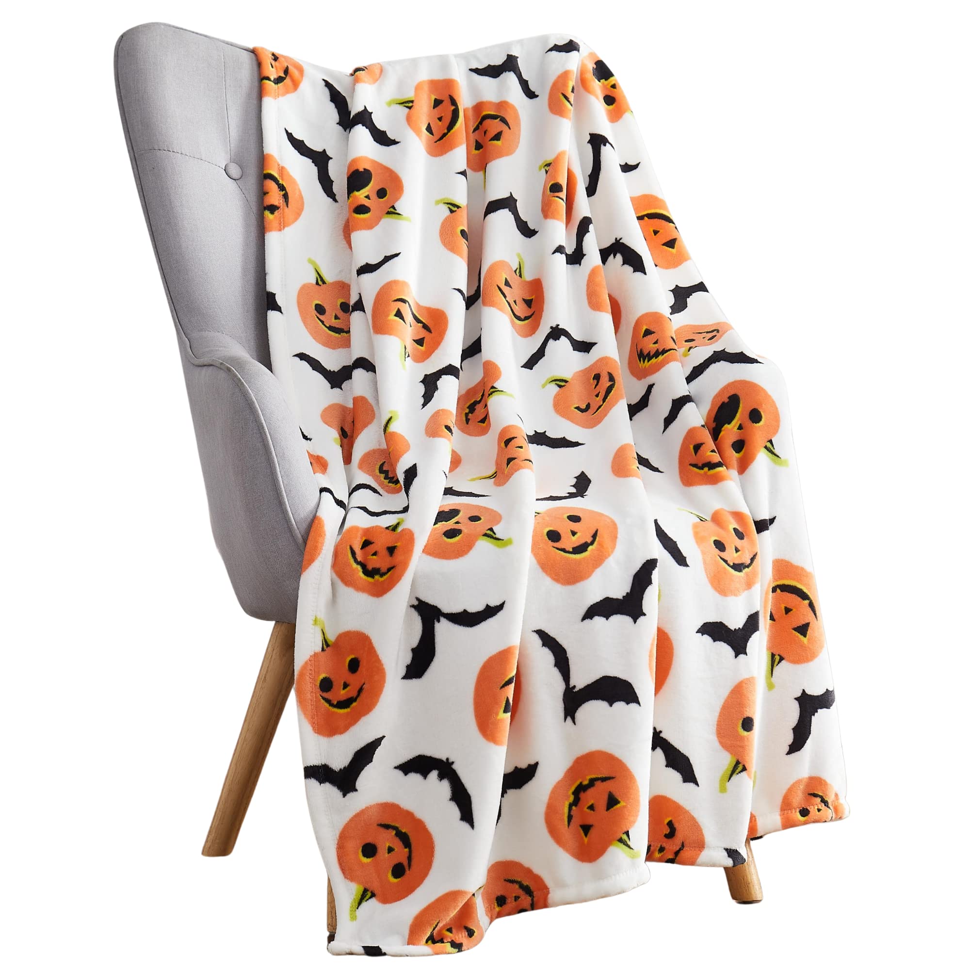 Serafina Home Throw Halloween Blanket: Fuzzy Happy Jack O'Lantern Pumpkins and Black Bat Print on Velvet Fleece for Sofa Bed Cou