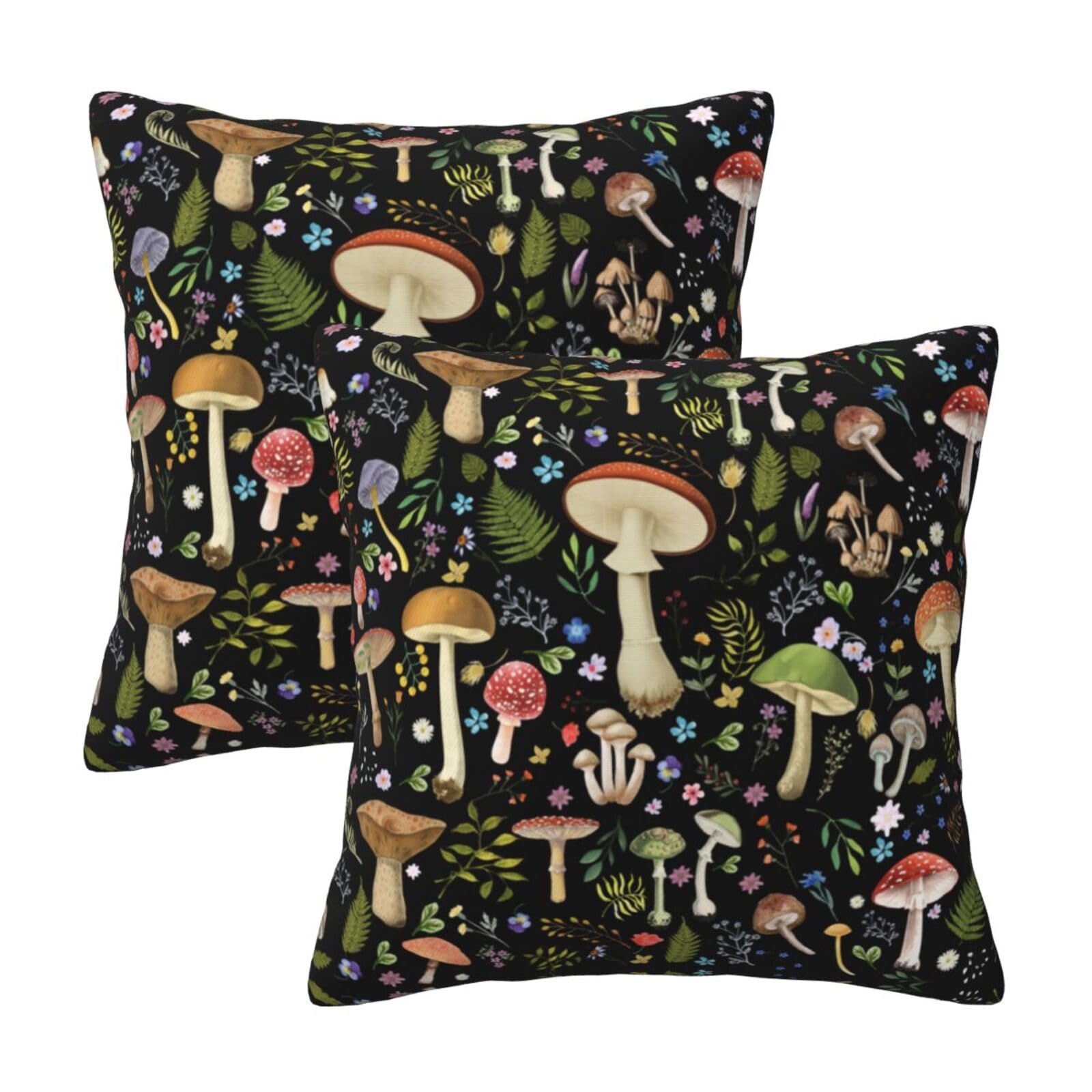 Mushroom Flower Farmhouse Throw Pillow Covers 18X18 In Black Pillow Case Soft Outdoor Pillow Case Cushion Covers Set Of 2 For So