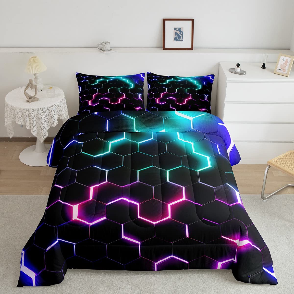 Castle Fairy 3D Honeycomb Comforter Set Full Size,Geometry Hexagon Theme Quilt Pink Blue Neon Lights Bedding 3Pcs,Kids Boys Teen Man Chic Creative Home Duvet Insert, 2 Pillowcases,Black