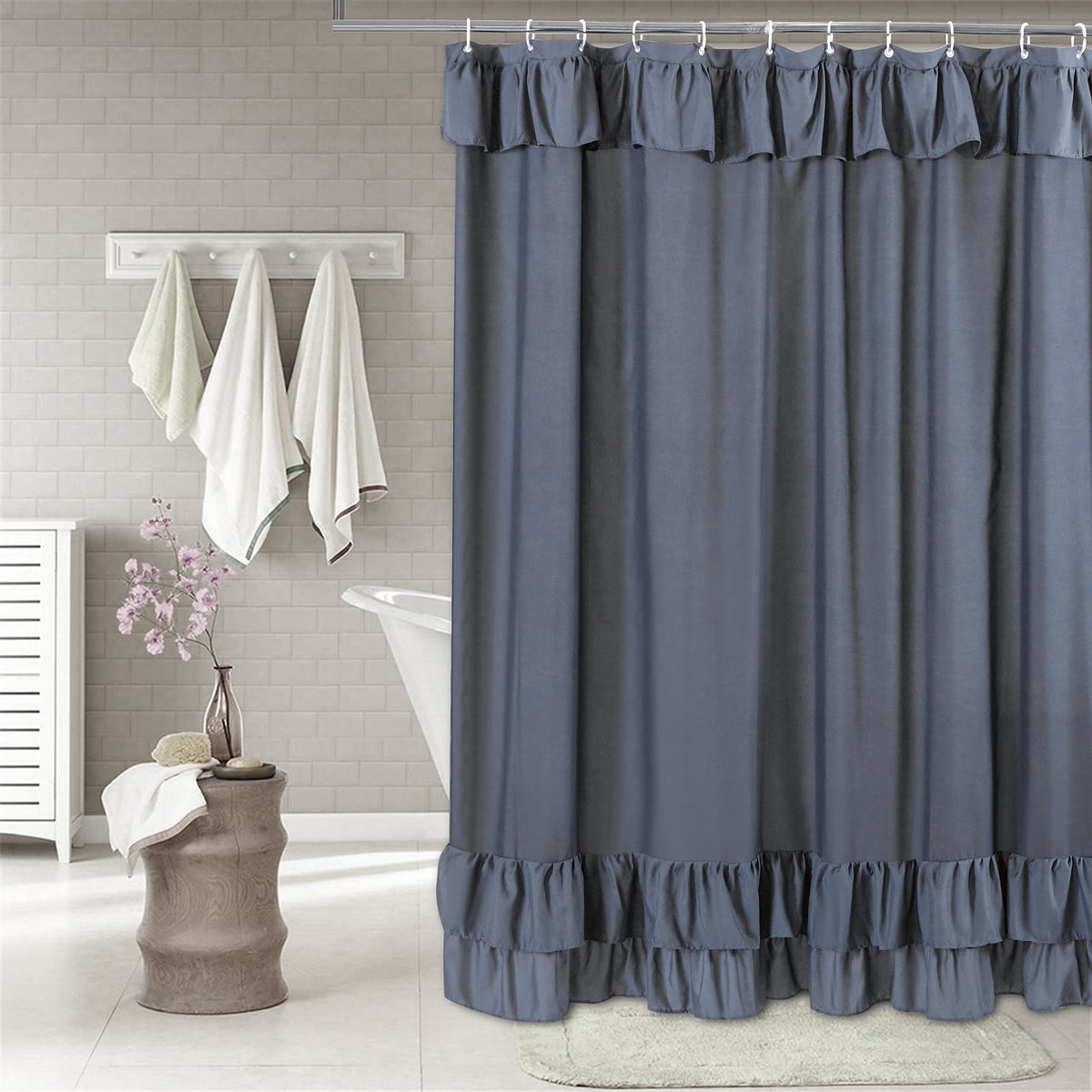 YOSTEV Light Blue Ruffle Shower Curtain Farmhouse Fabric Cloth Shower Curtains for Bathroom 72 x 84 Inch,Long Size