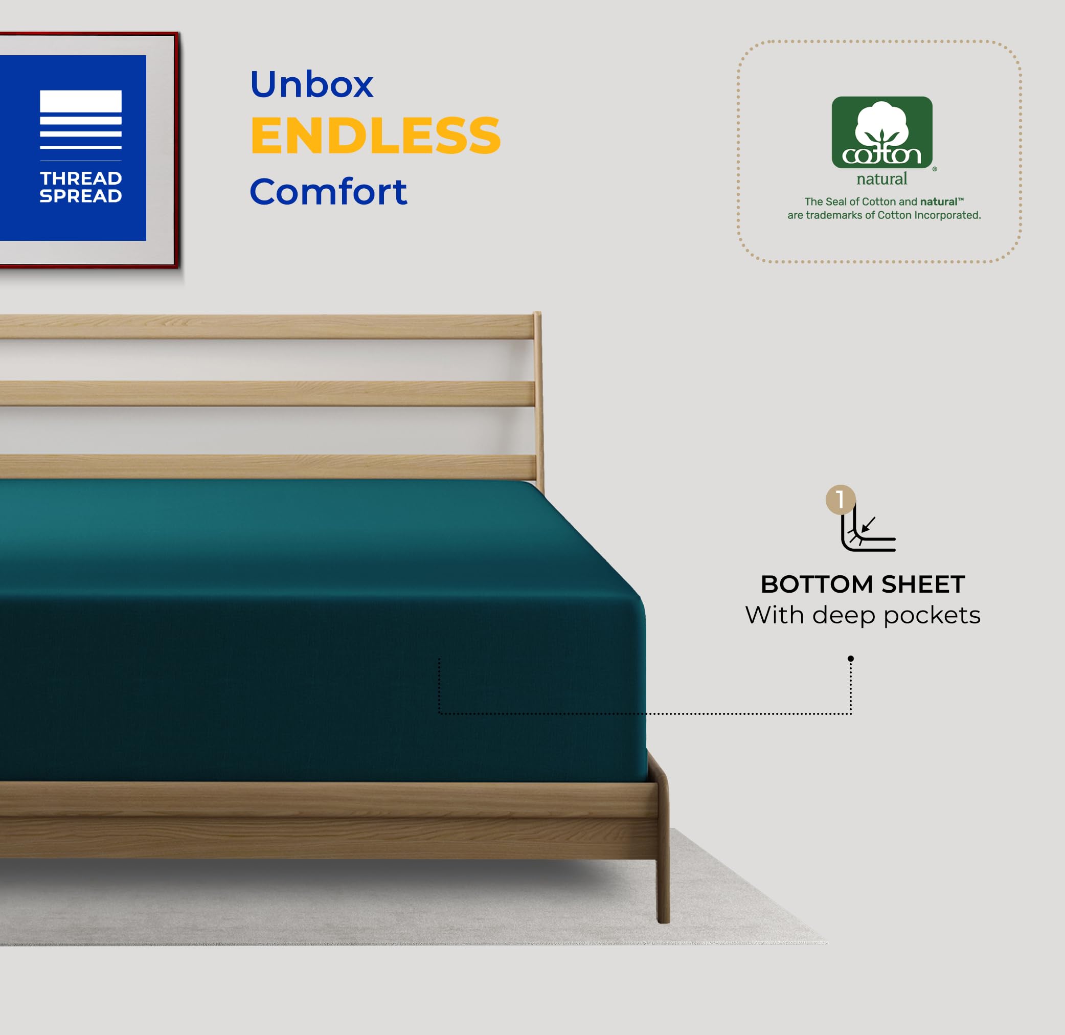 Thread Spread 100% Egyptian Cotton Full Size Fitted Sheet Only - 600 Thread Count 16' Deep Pocket Full Size Fitted Sheet, Soft Cooling Sateen Weave No Pop-Off Elastic Bottom Sheet For Adults - Teal