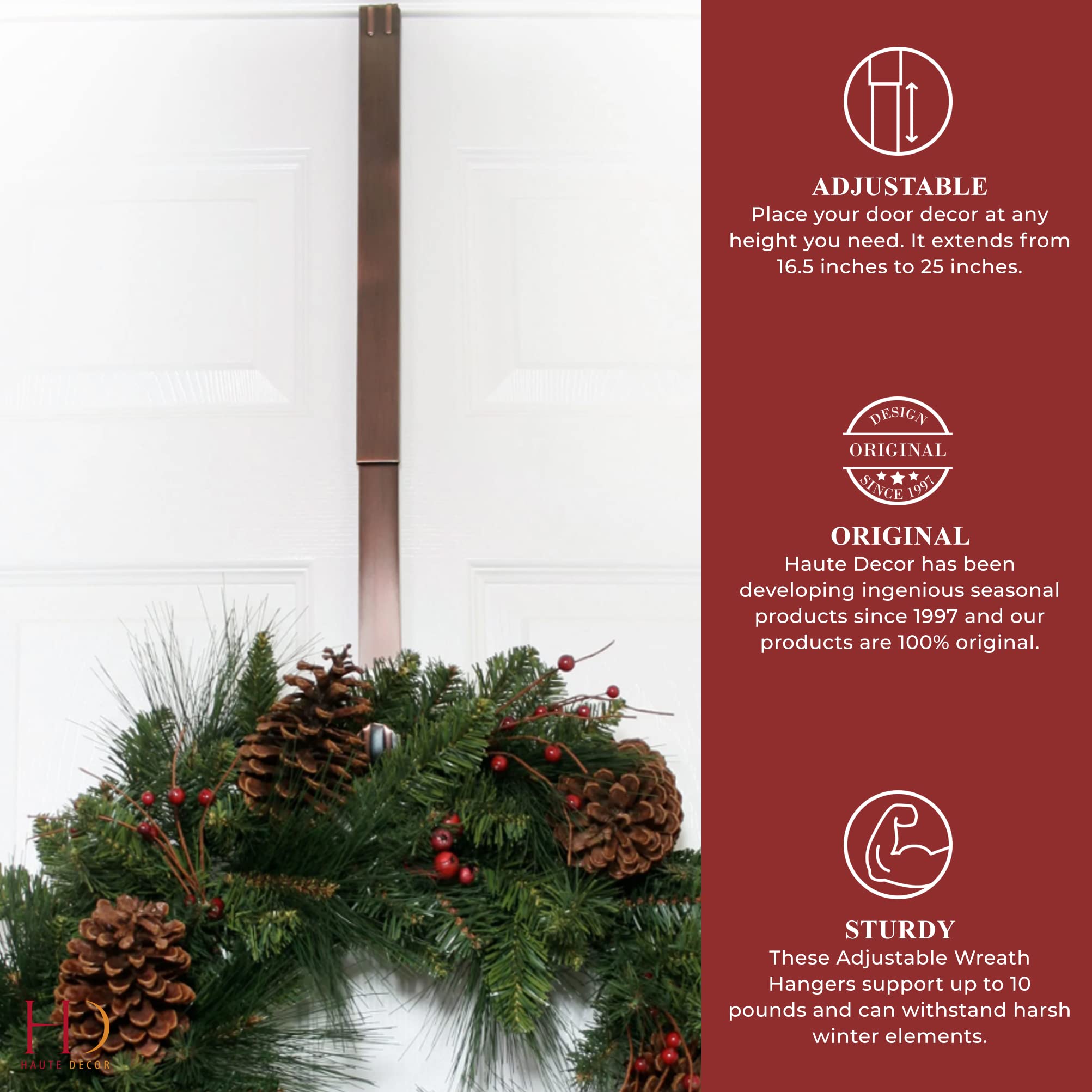 Haute Decor Adapt Adjustable Length Door Wreath Hanger - Wreath Hanger For Front Door - Extends From 16.5' To 25', Over Door H
