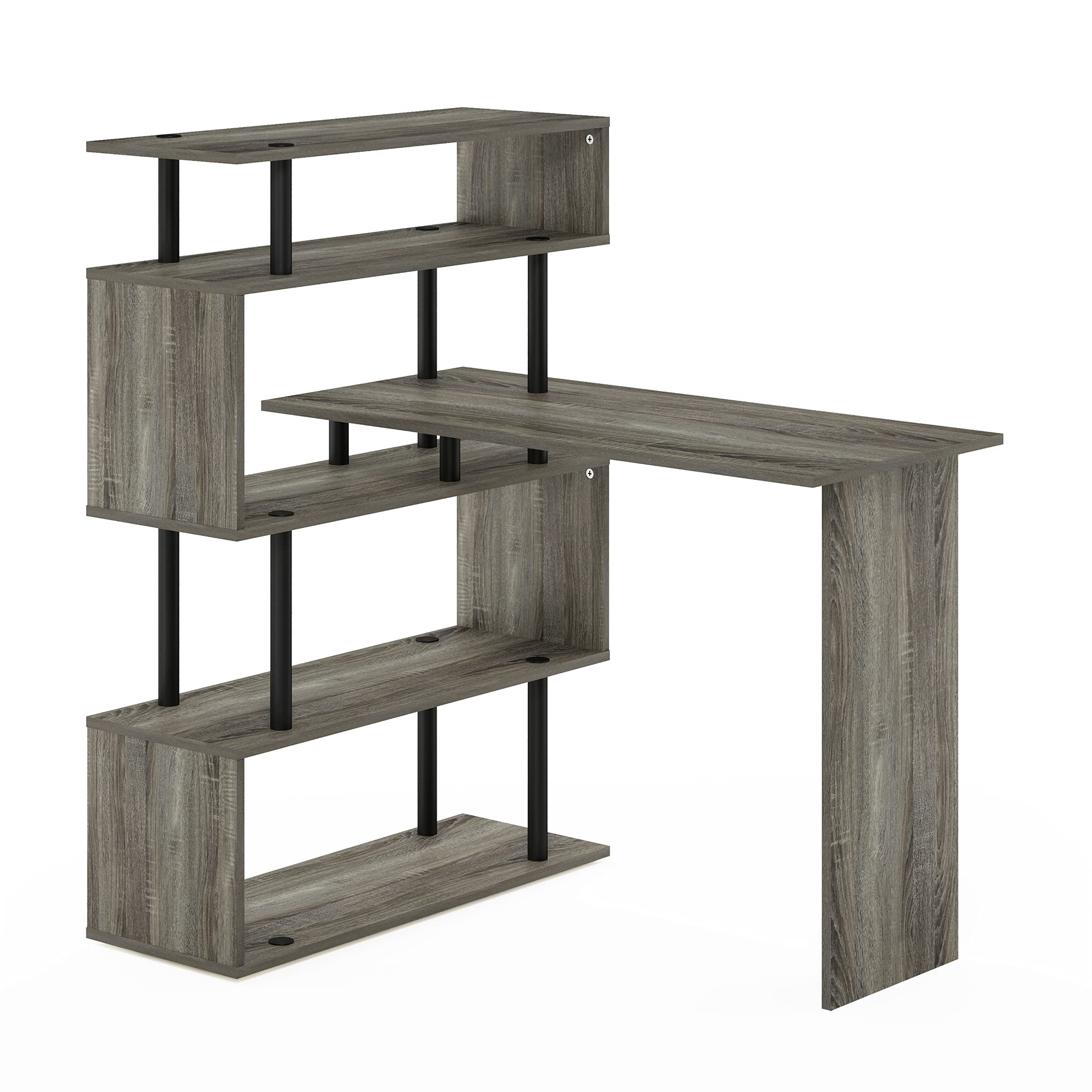 Furinno Moore L-Shape Computer Desk with 5-Tier Shelves, French Oak