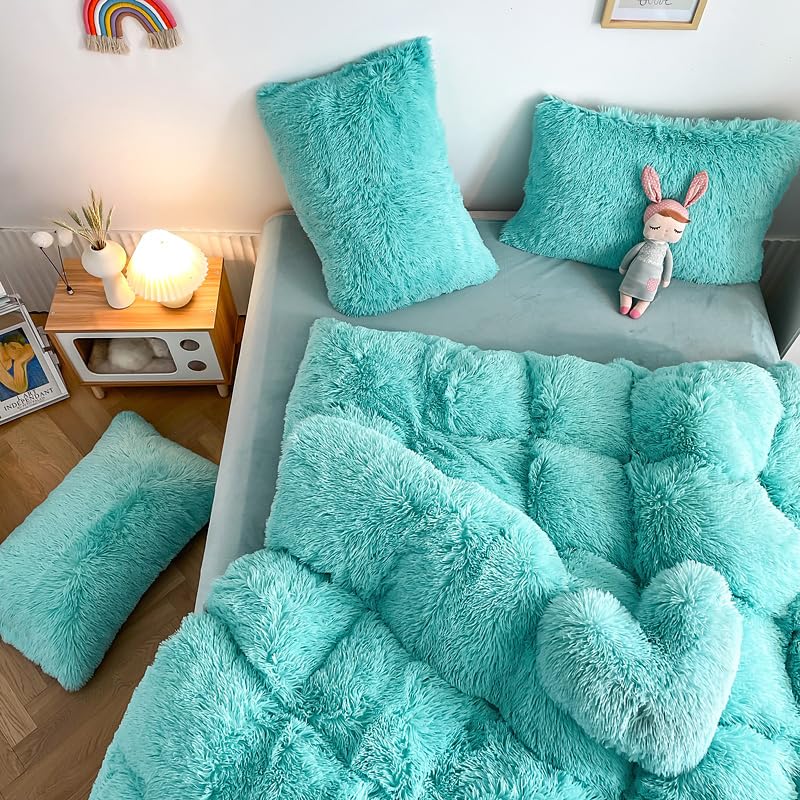 Chovy Faux Fur Plush Sky Blue Comforter Sets King - Ultra Soft Shaggy Flannel Velvet Fluffy Fuzzy 3Pc Bedding Set (Comforter X 1