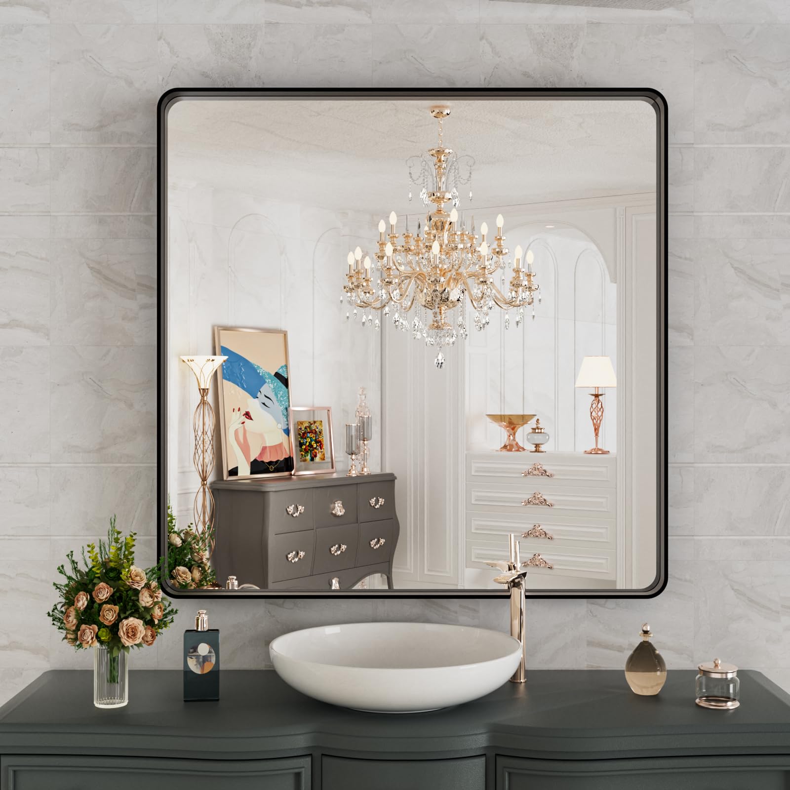 ISTRIPMF Black Metal Framed Bathroom Mirror 38X38 Inch,Matte Black Vanity Mirror,Tempered Glass,Round Corner,Farmhouse,Decorativ