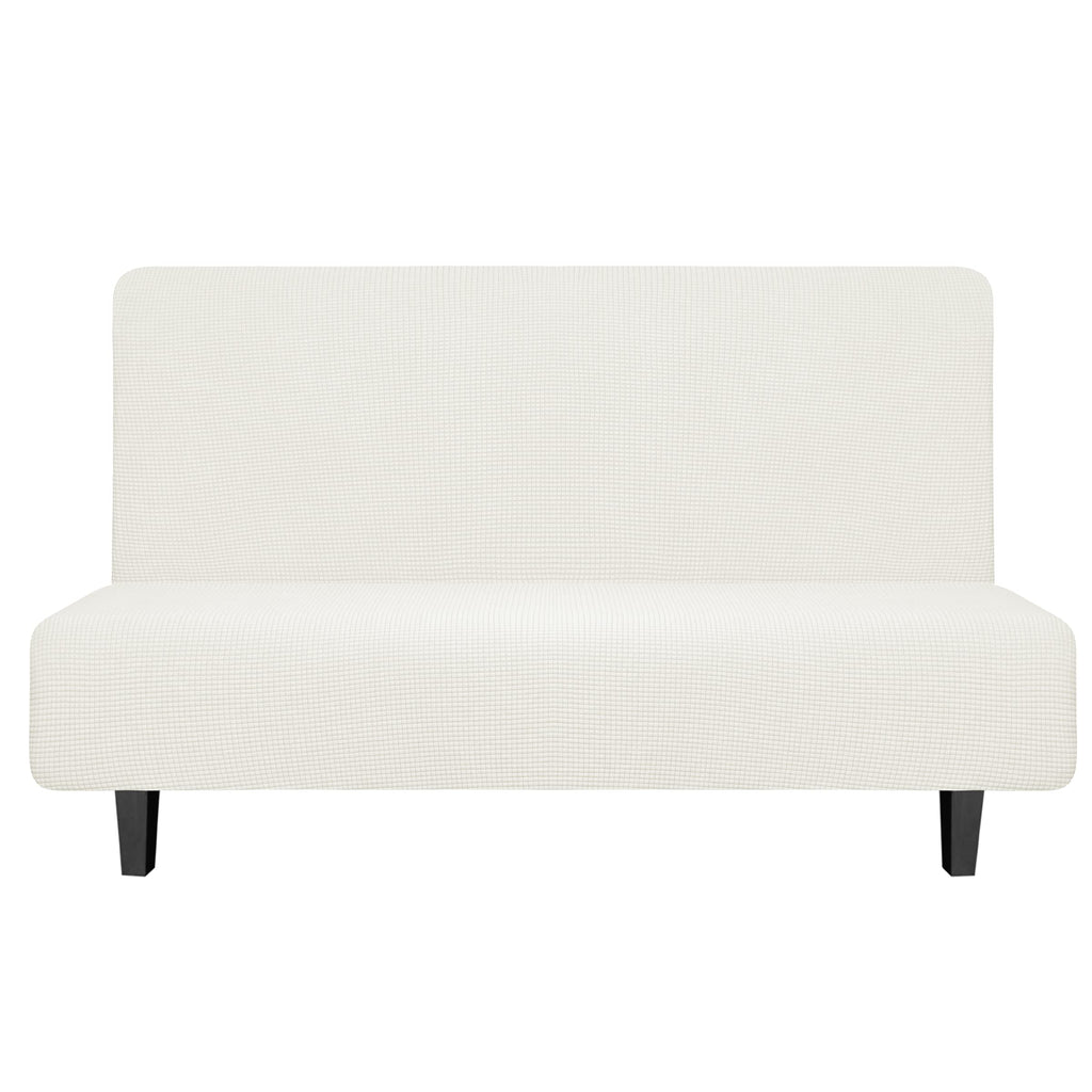 Easy-Going Stretch Futon Slipcover Armless Futon Bed Cover Furniture Protector Without Armrests With Elastic Bottom For Kids, Soft Jacquard Fabric Small Checks (Medium, Cream)