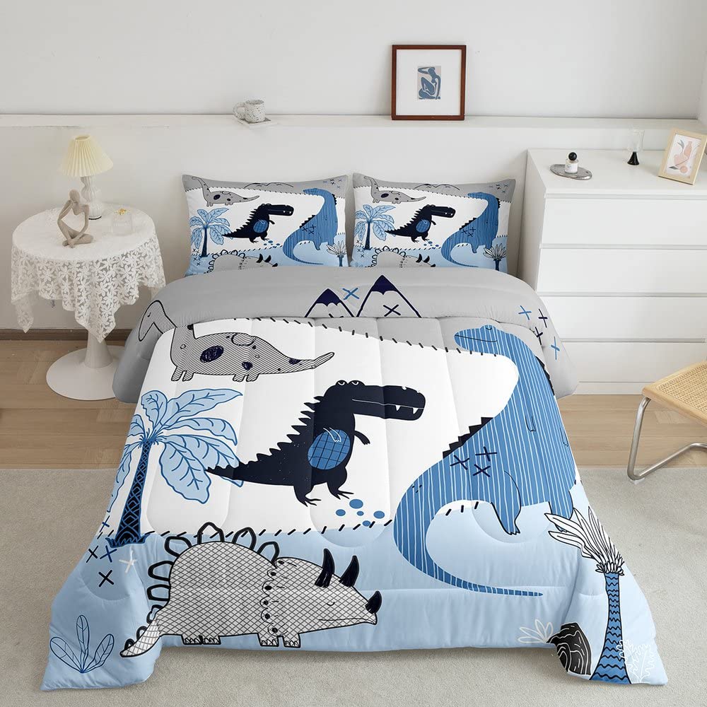 Cute Dinosaur Comforter Set Queen Size Cartoon Animals Bedding Set For Kids Boys Girls Bedroom Decoration Blue Gray White Bed Du