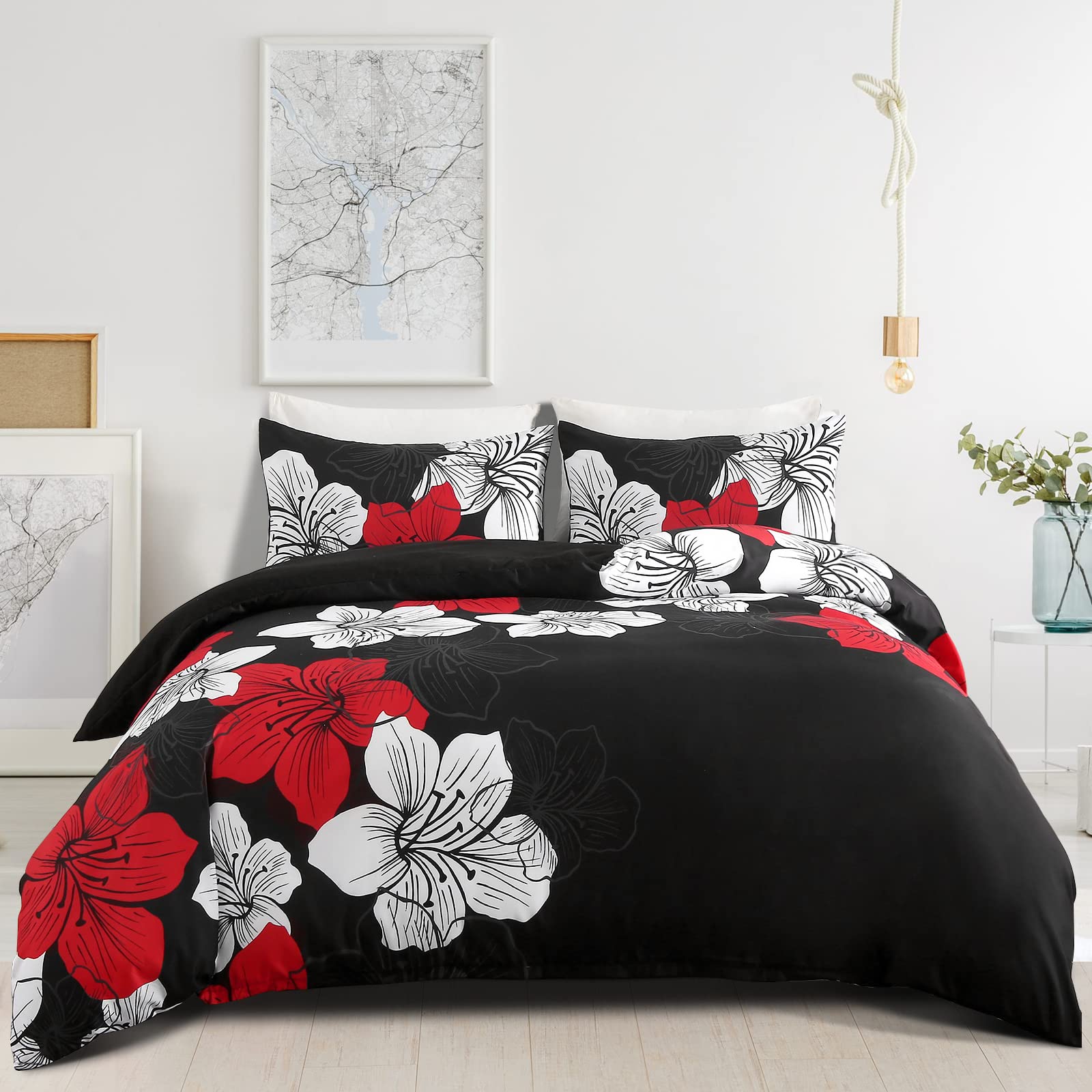 Black Duvet Cover Set King Red Floral Pattern Comforter Cover Boho Lily Floral Duvet Cover With 2 Pillow Cases Lightweight Micro