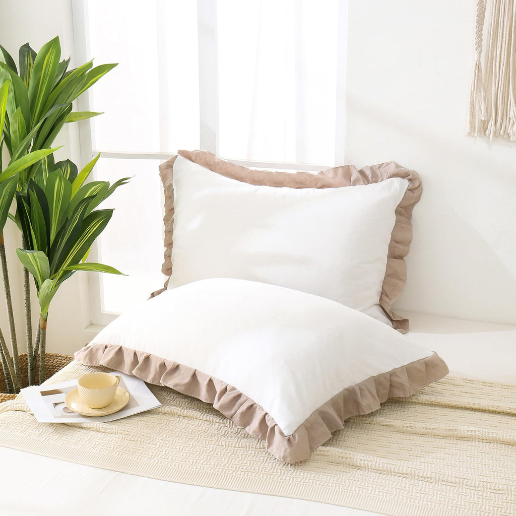 Merryword Taupe Pillow Shams White And Taupe Reversible Standard Pillowcases Cute Pillow Cover Set Of 2 Soft Shabby Chic Ruffled